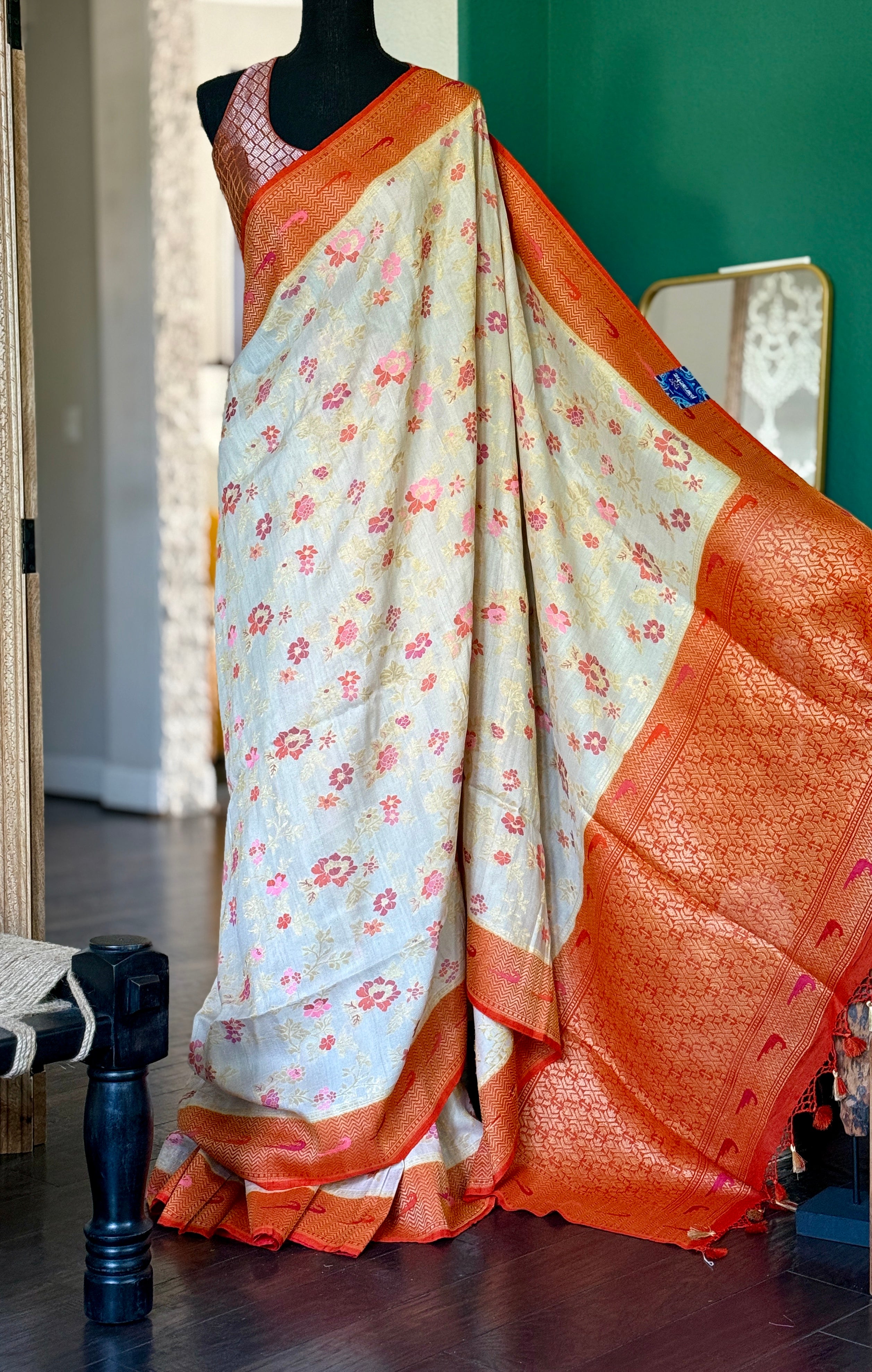 Khaddi Tussar Banarasi - Tilfi woven Beige Orange Multi Meenakari