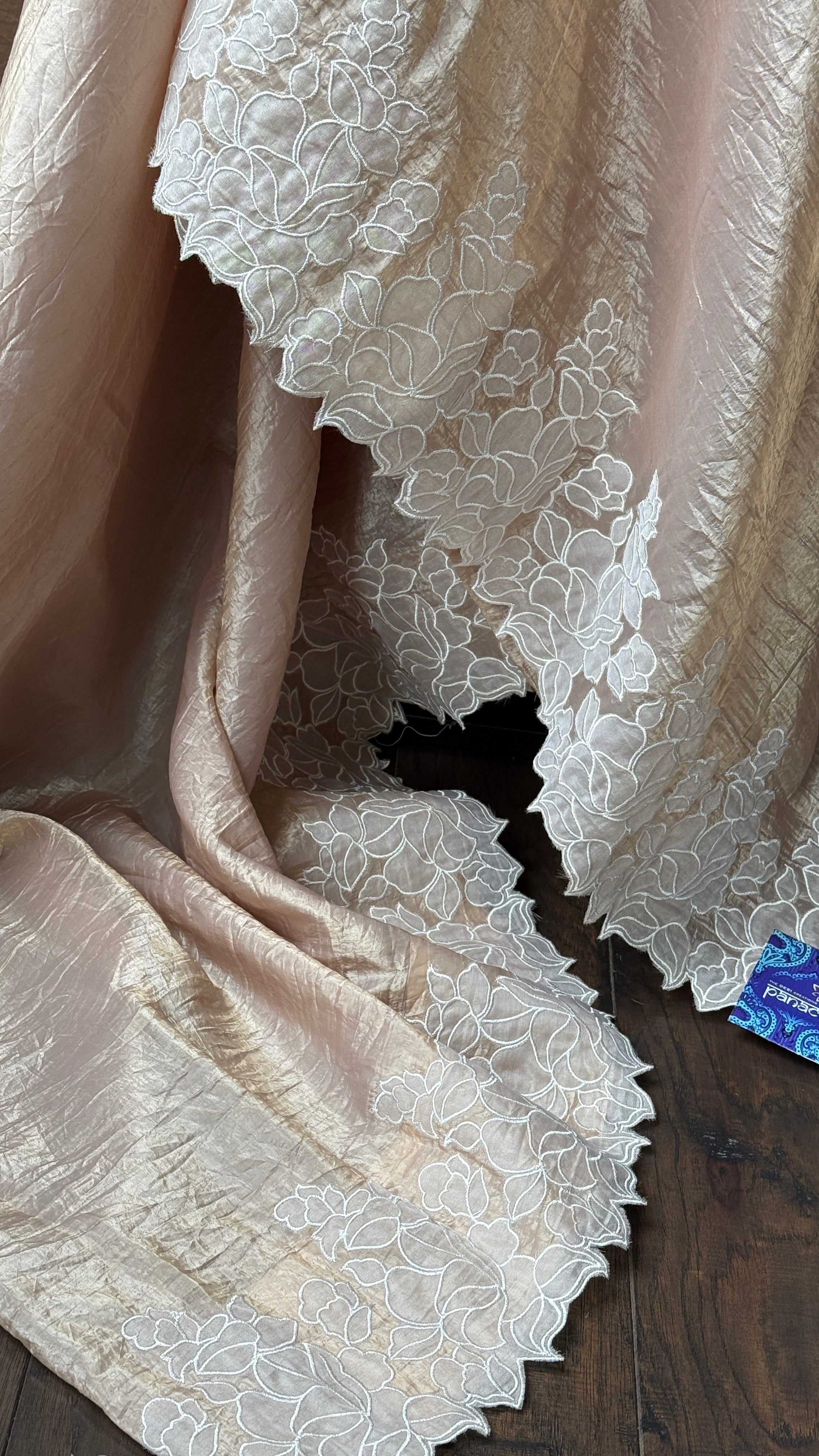 Designer Crushed Tissue Silk - Light Brown Appliqué Embroidered