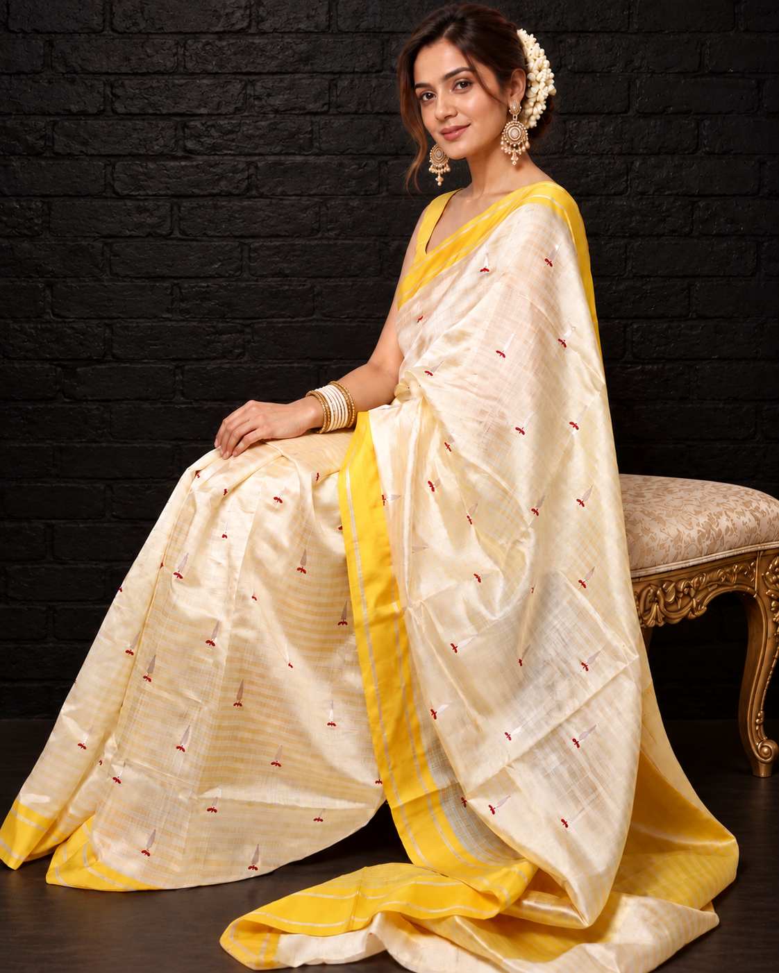 Pure Chanderi Pattu Silk - Off White Lemon Yellow