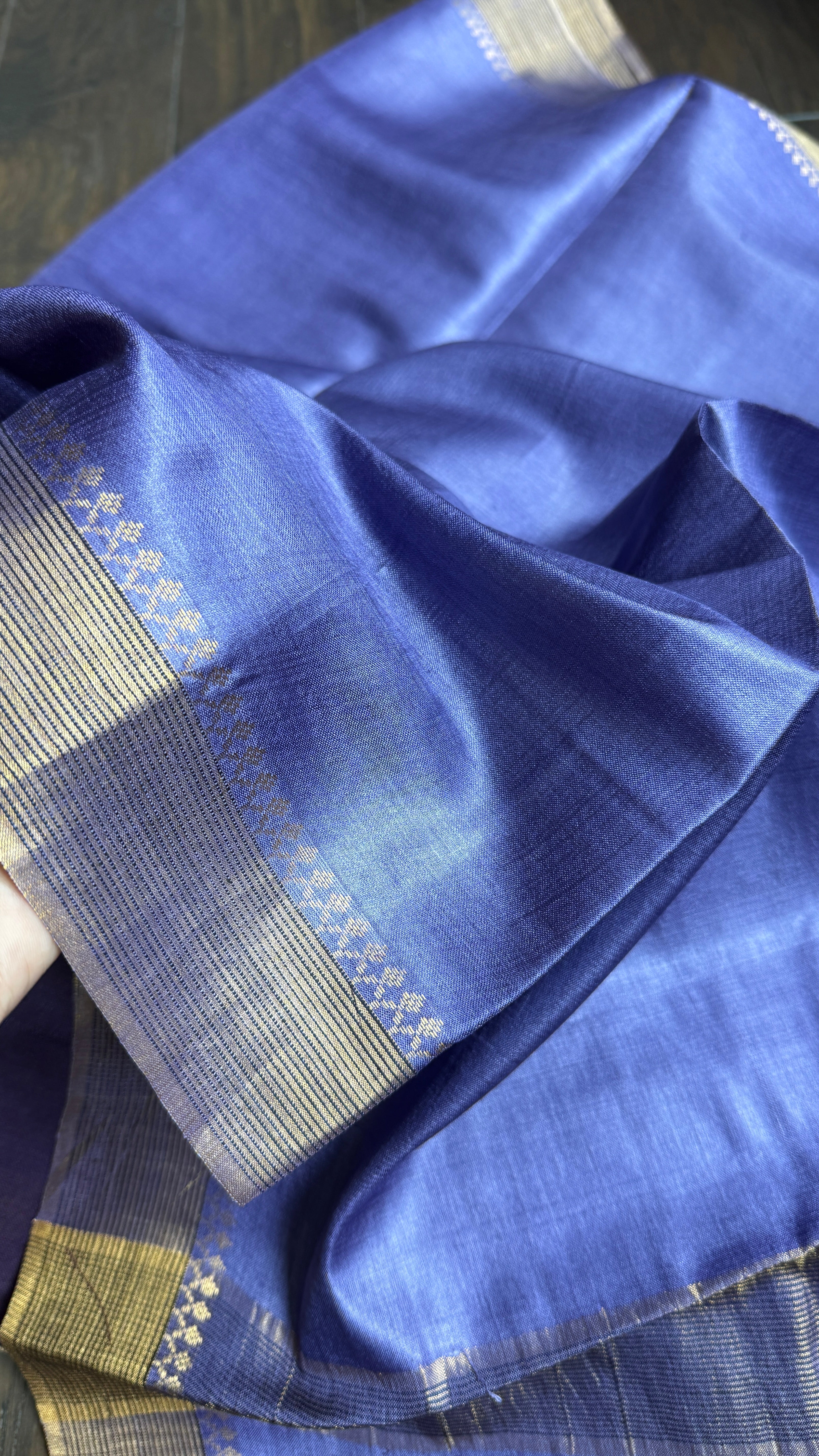 Handwoven Tussar Silk - Blue Violet Golden Zari