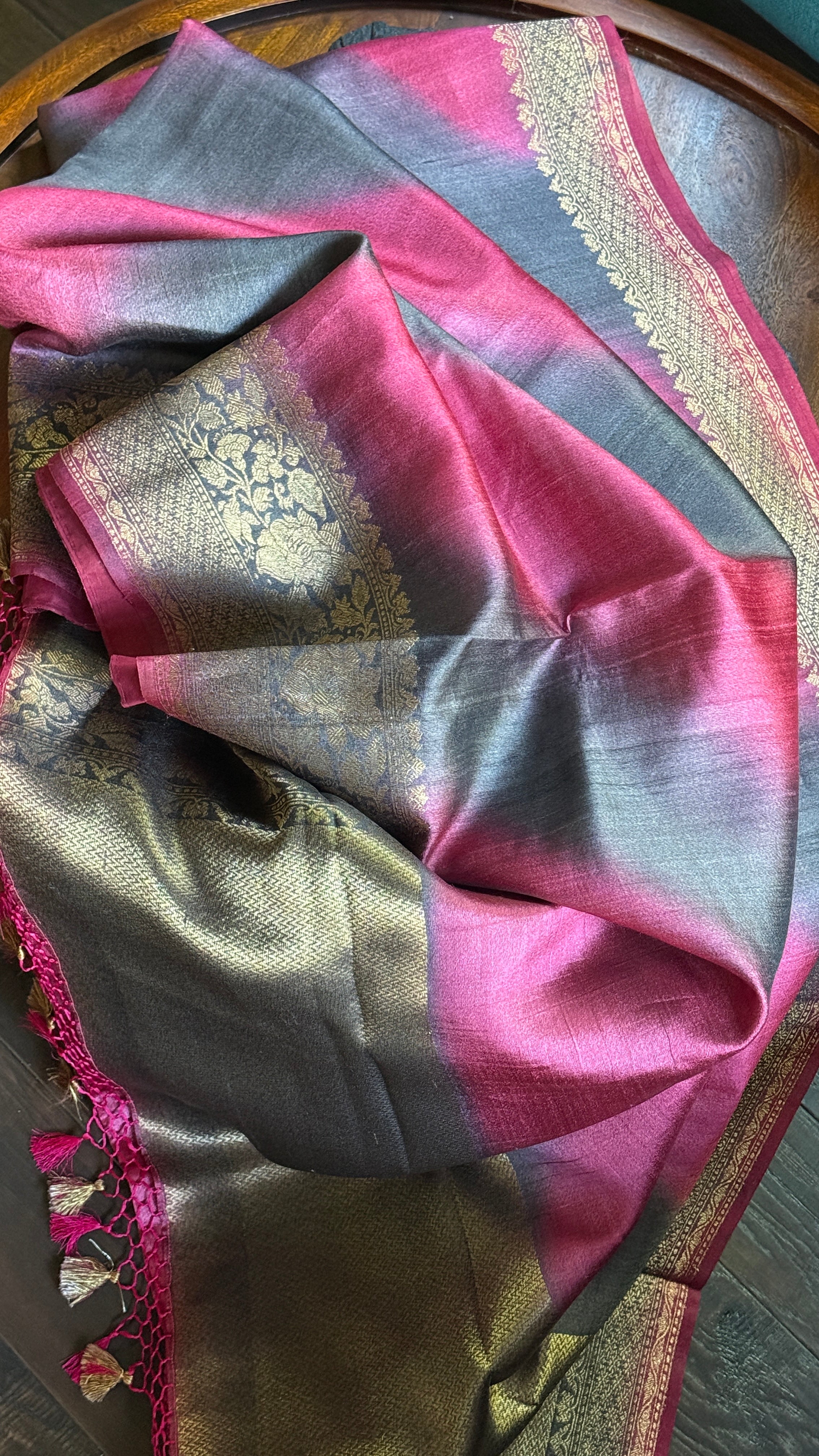 Tussar Silk Banarasi Shaded - Grey Raspberry Pink Antique Golden Zari