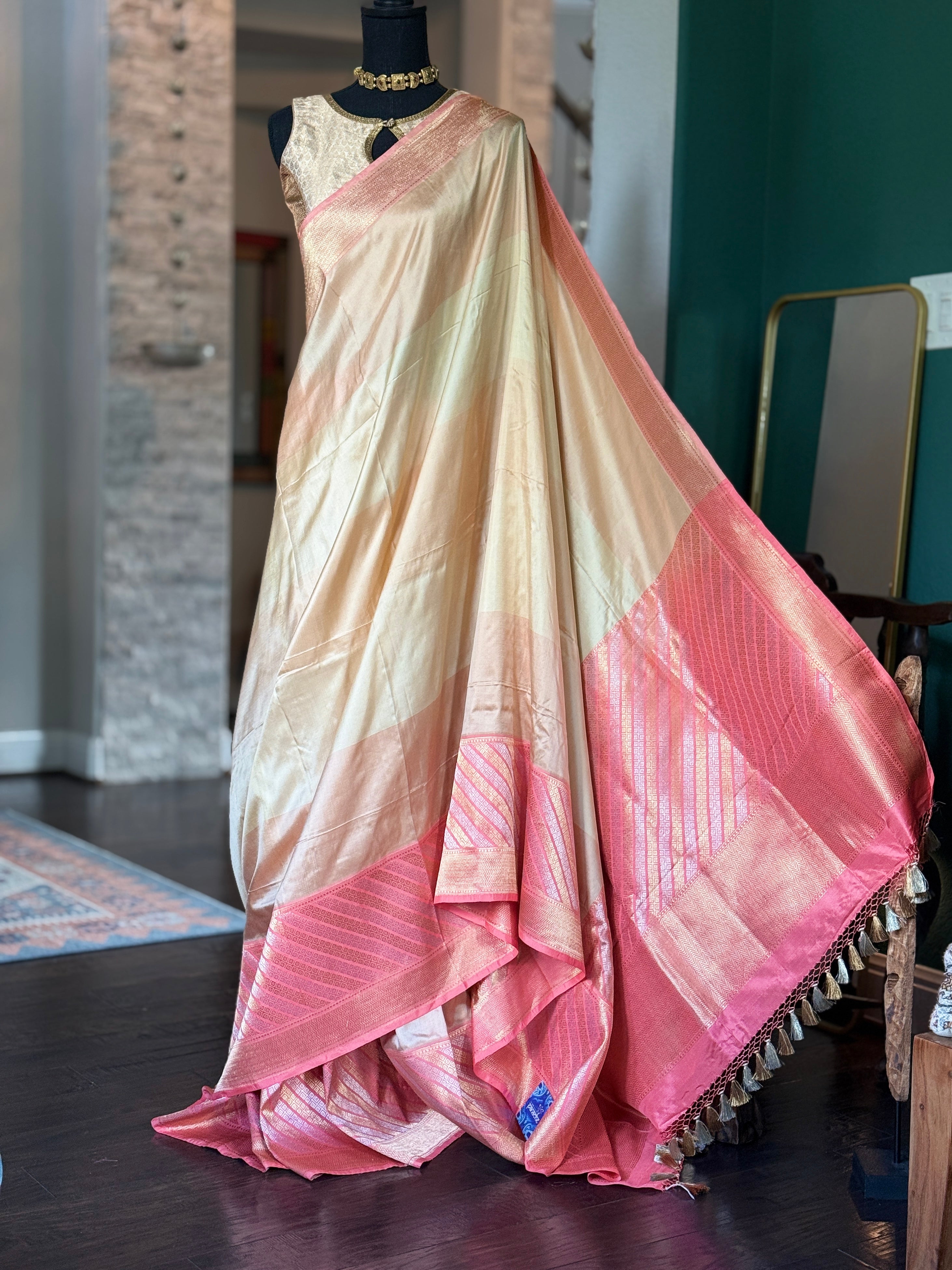 Pure Katan Silk Benarasi - Ivory Pink Golden Silver Zari
