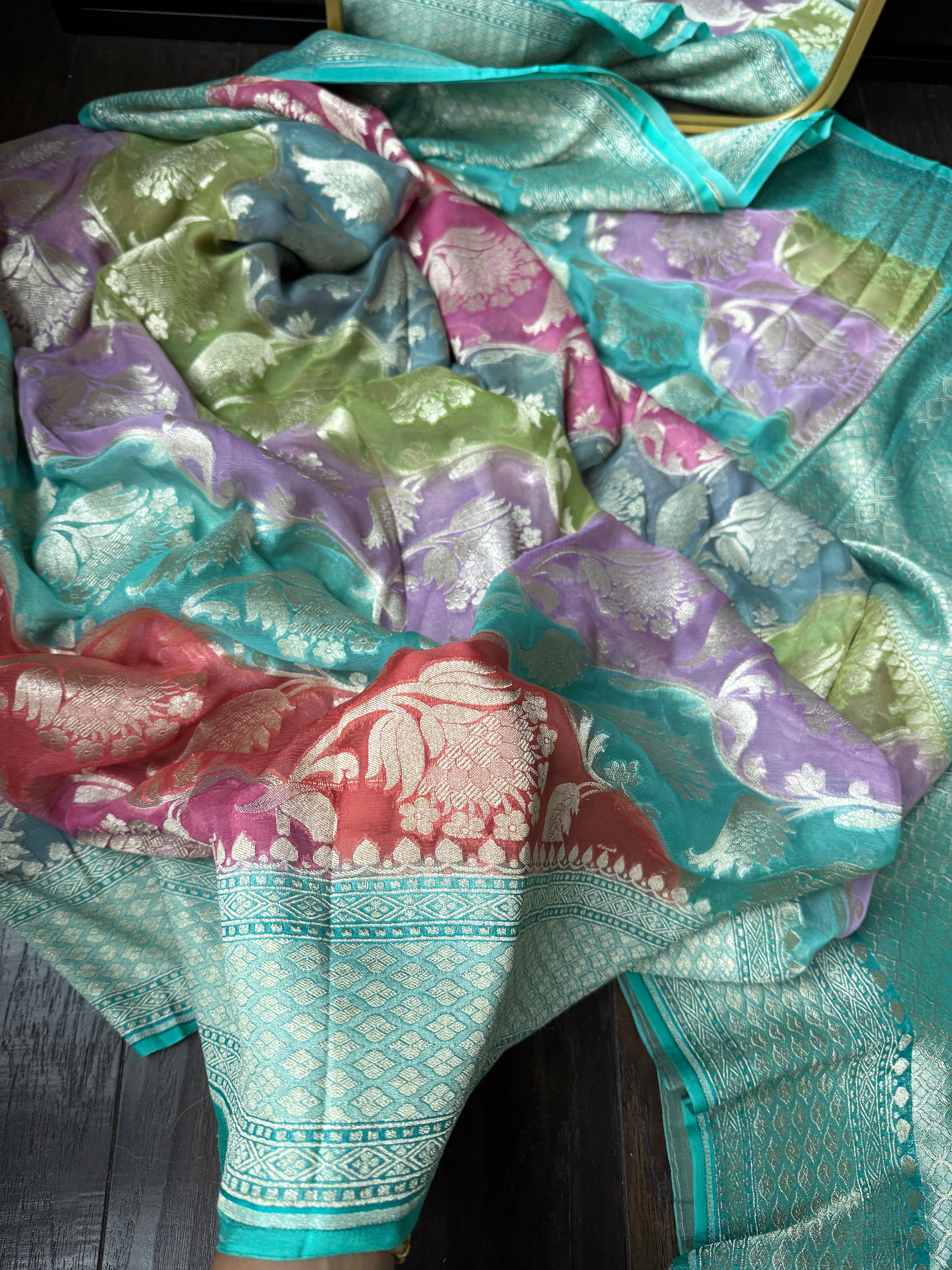 Khaddi Georgette Banarasi - Sea Green Multi color Rangkat