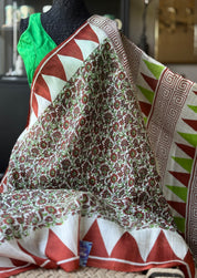 Pure Murshidabad Silk - Green Brown Off White Temple Border Printed