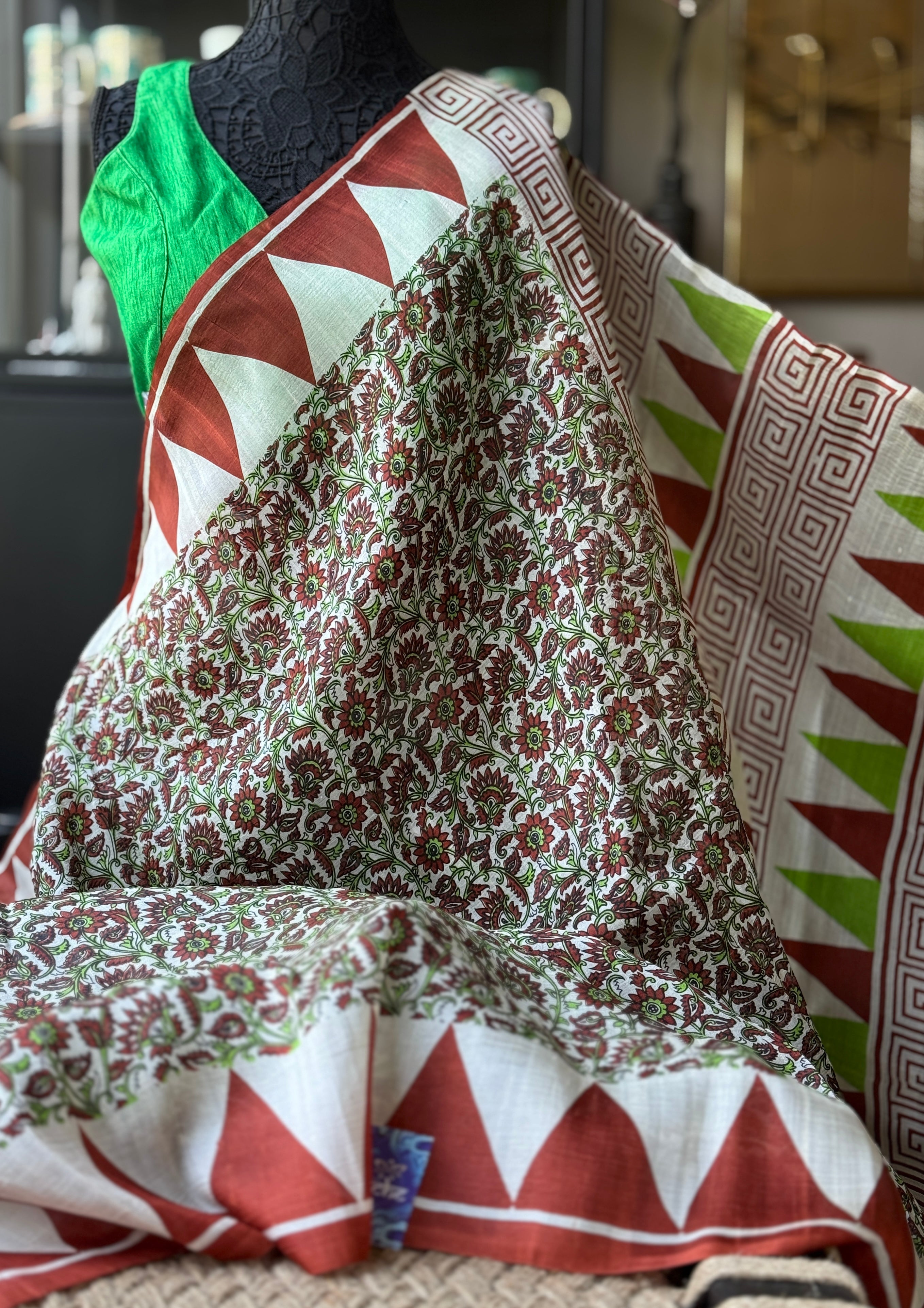 Pure Murshidabad Silk - Green Brown Off White Temple Border Printed