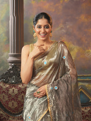 Pure Chanderi Tissue Silk - Grey Hand Zardozi