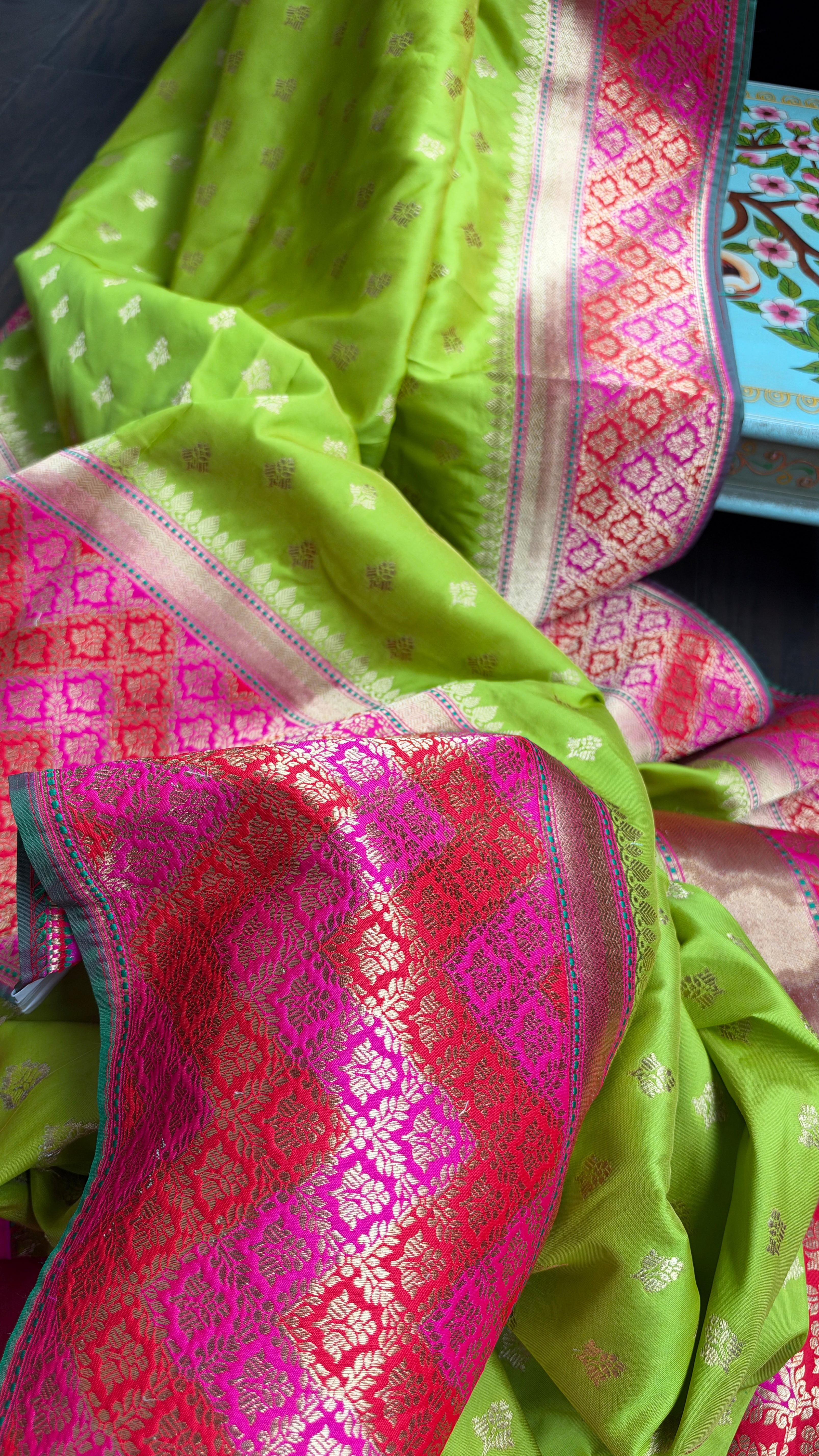 Soft Silk Banarasi - Lime Green Magenta Antique Golden Zari
