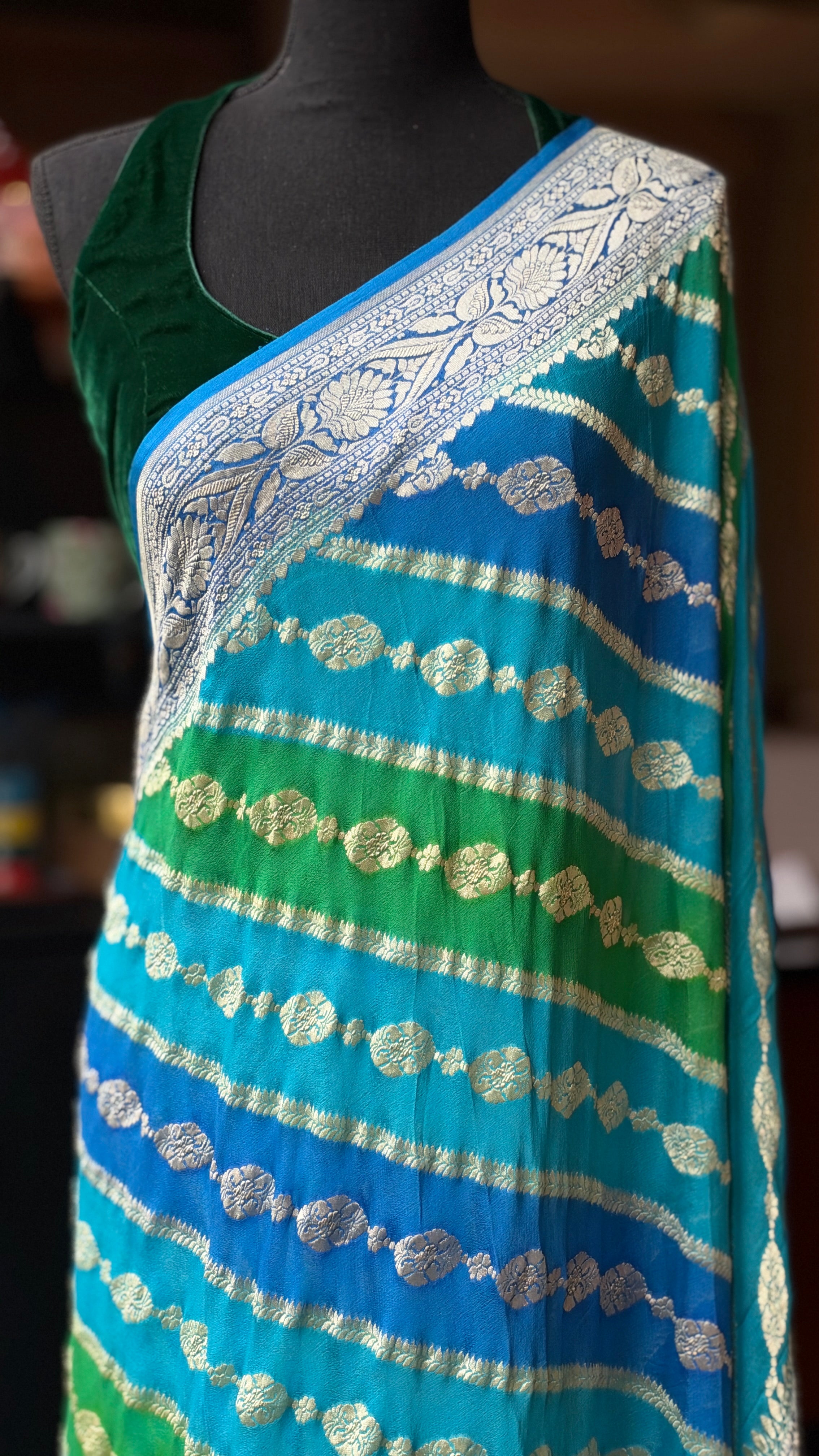 Khaddi Georgette Banarasi - Firozi Blue Green Multi color Rangkat
