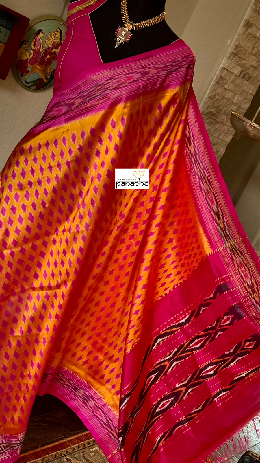 Pure Silk Ikat - Orange Pink Pochampally