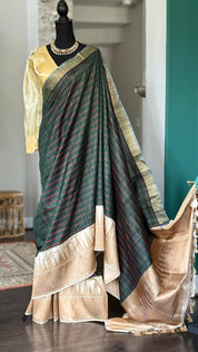 Pure Tassur Silk Banarasi - Dark Black Avocado Green Striped