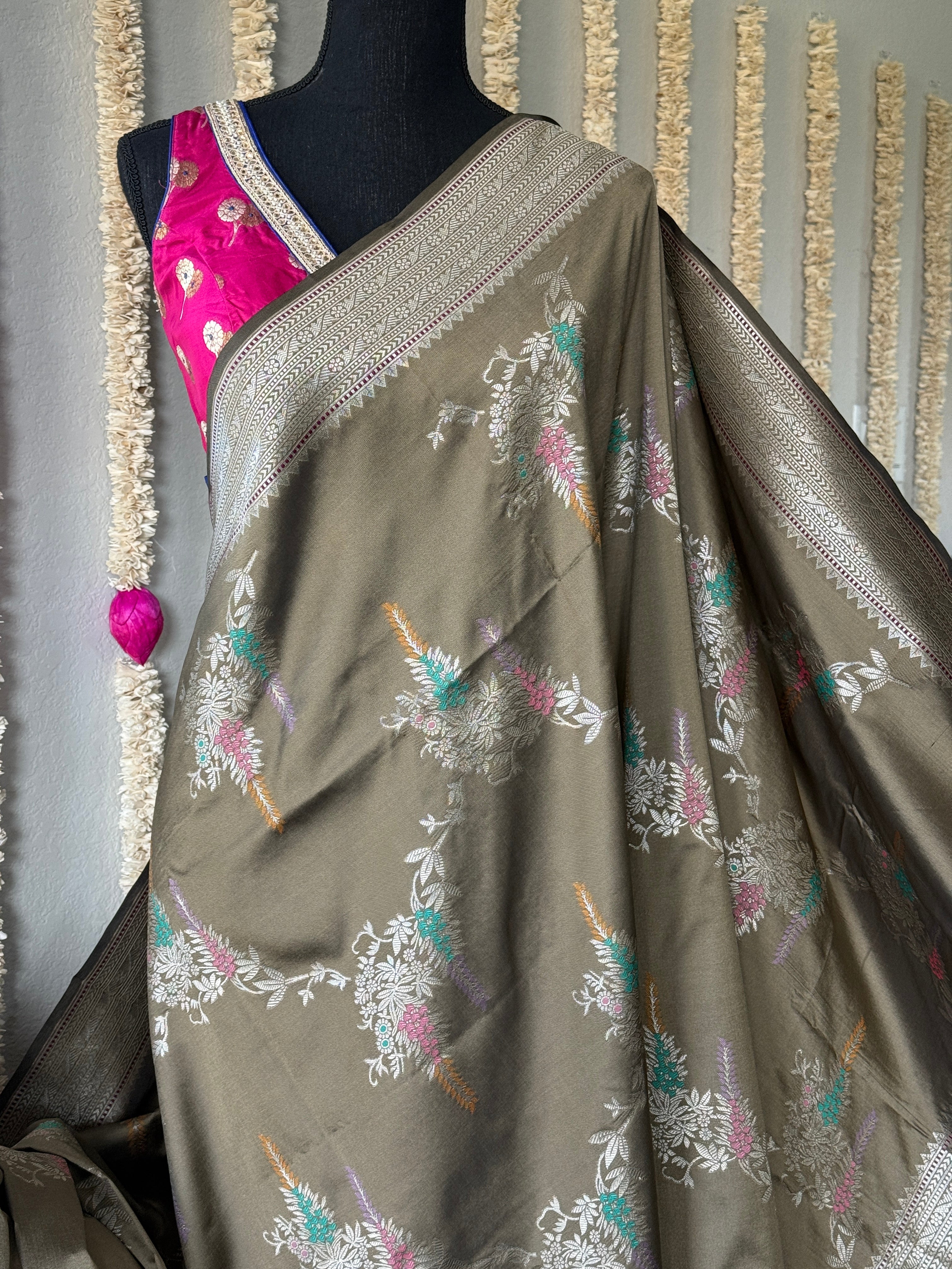 Soft Silk Banaras Saree - Cement Grey Meenakari