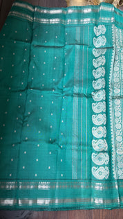 Pure Silk Gadwal - Teal Green Silver Zari