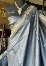 Designer Tussar Silk - Steel Grey Hand Embroidered