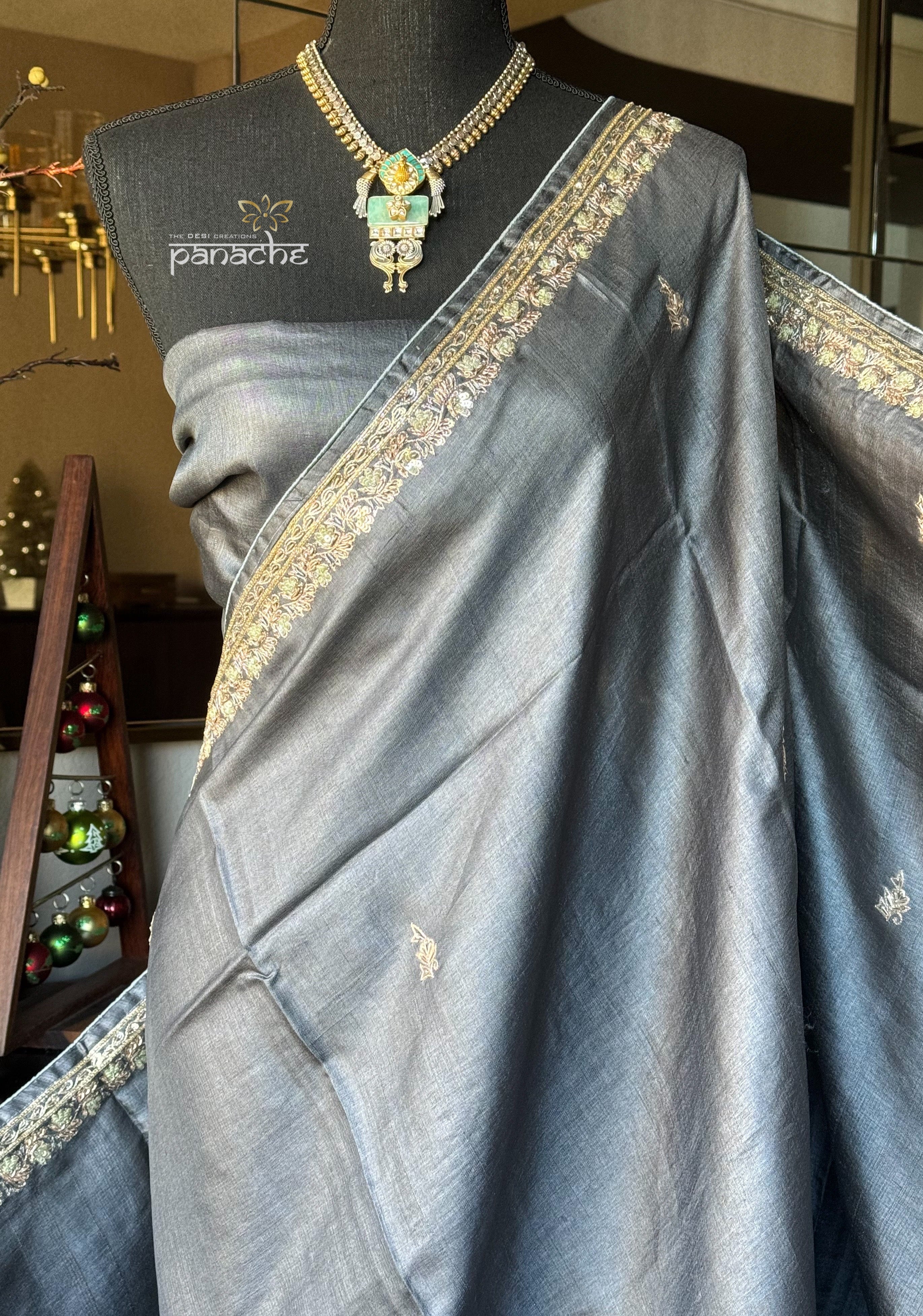 Designer Tussar Silk - Steel Grey Hand Embroidered