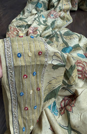 Pen Kalamkari Tussar Silk - Hand-Zardozi Beige Green