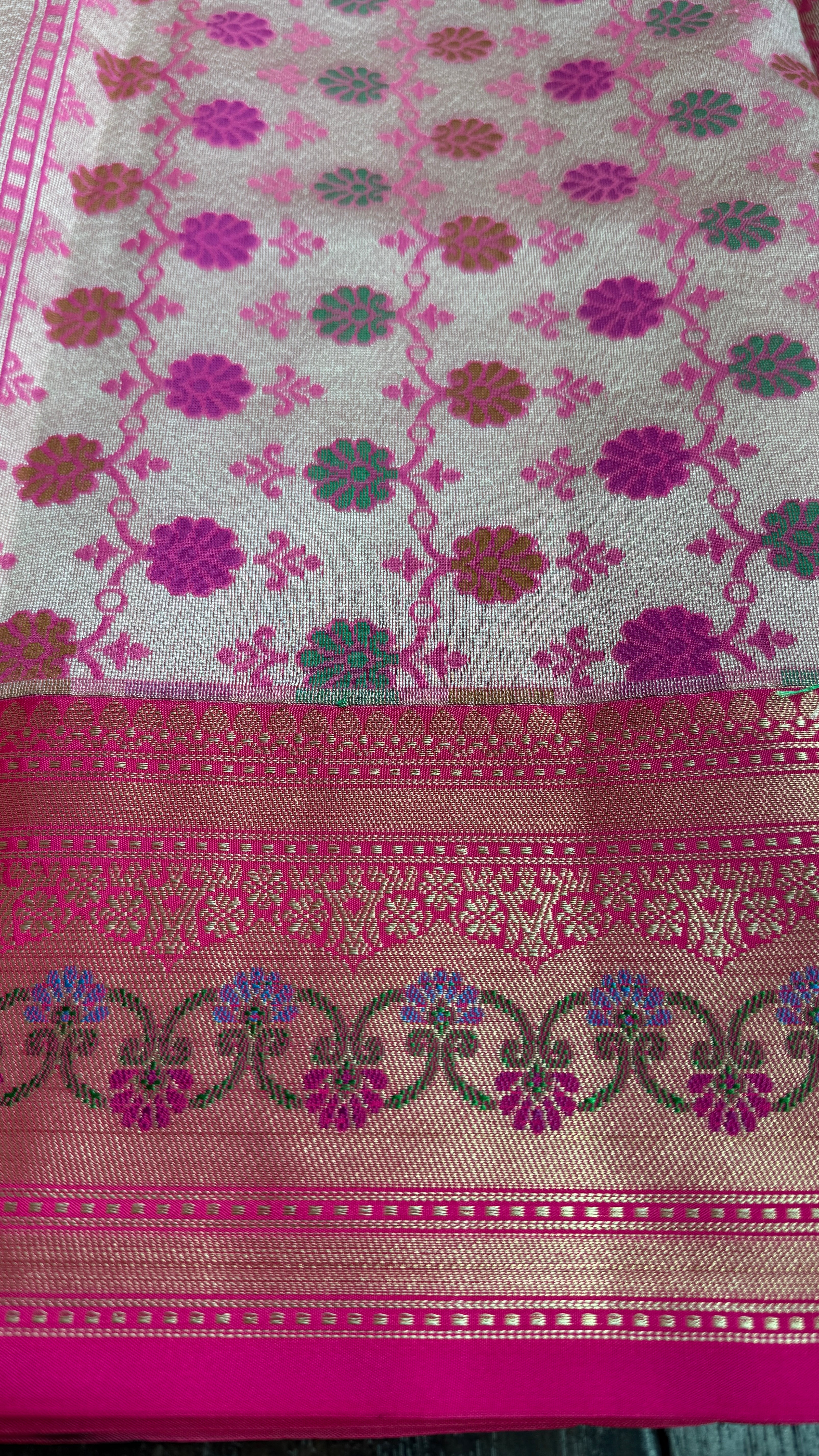 Kora Silk Banaras Chanderi - Pista  Green Paithani
