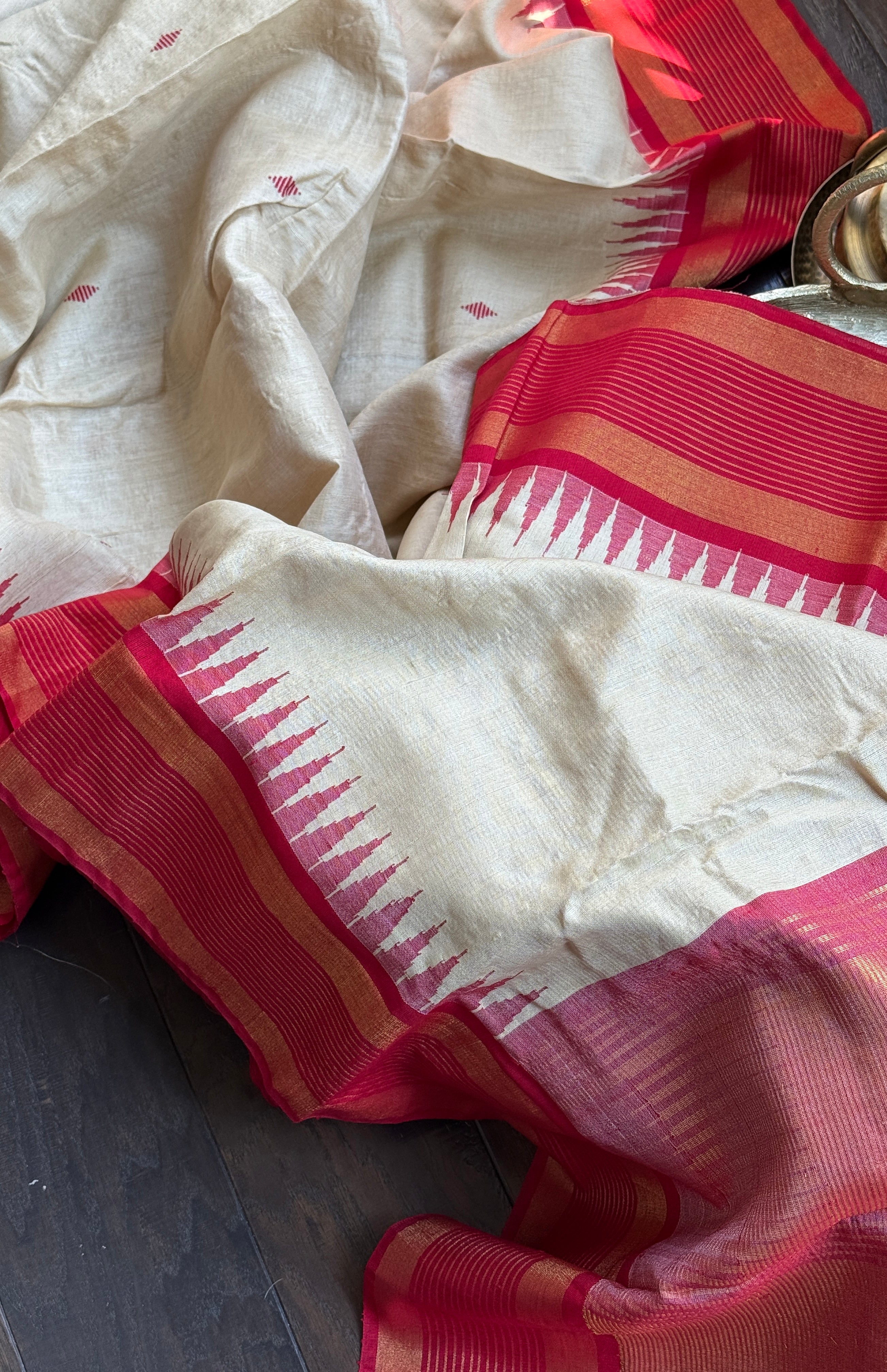 Pure Tussar Silk - Beige Red Zari Stripes