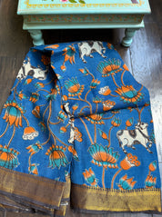 Chinori Silk Kalamkari  -  Blue Orange Nandi