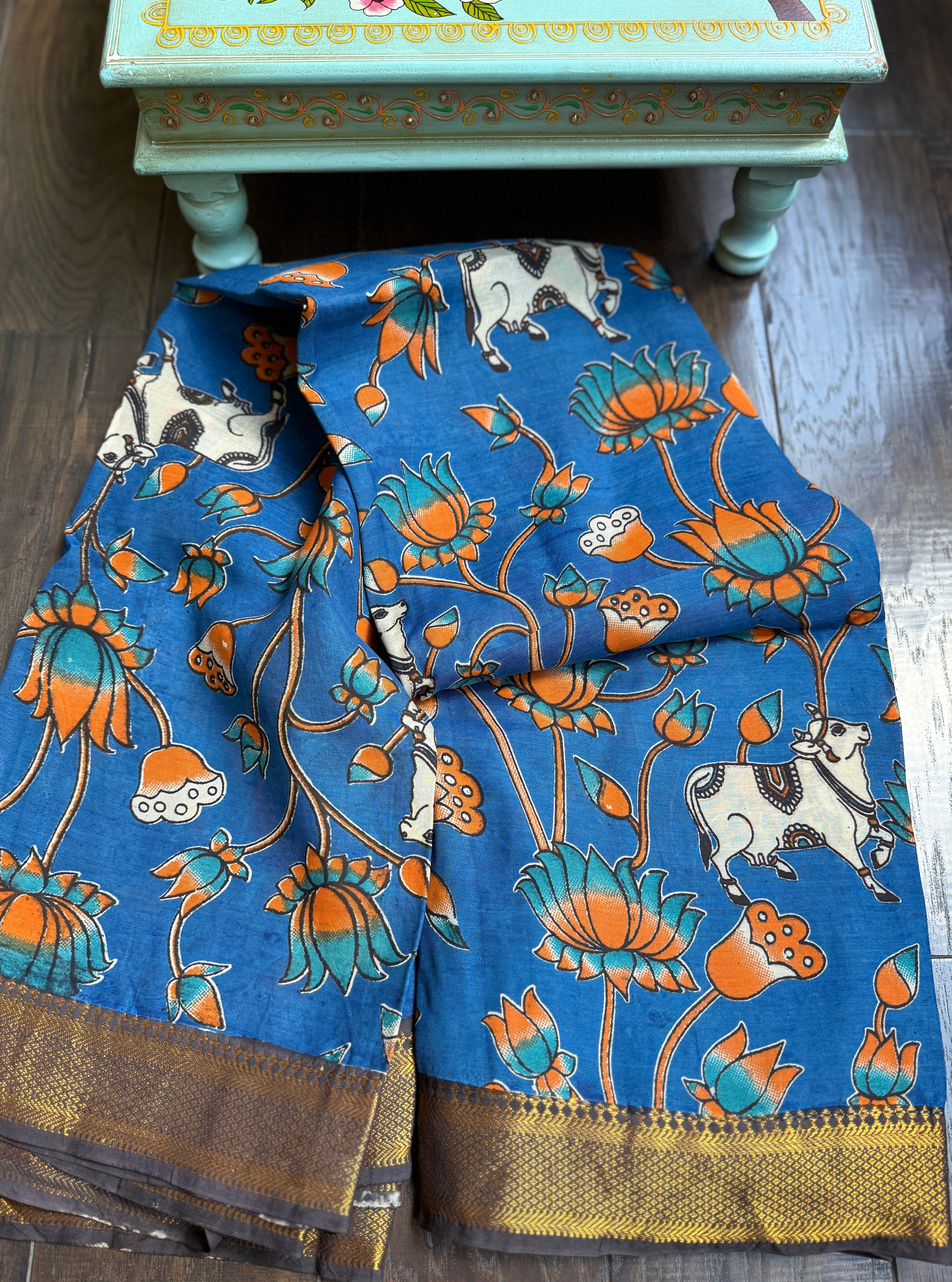 Chinori Silk Kalamkari  -  Blue Orange Nandi