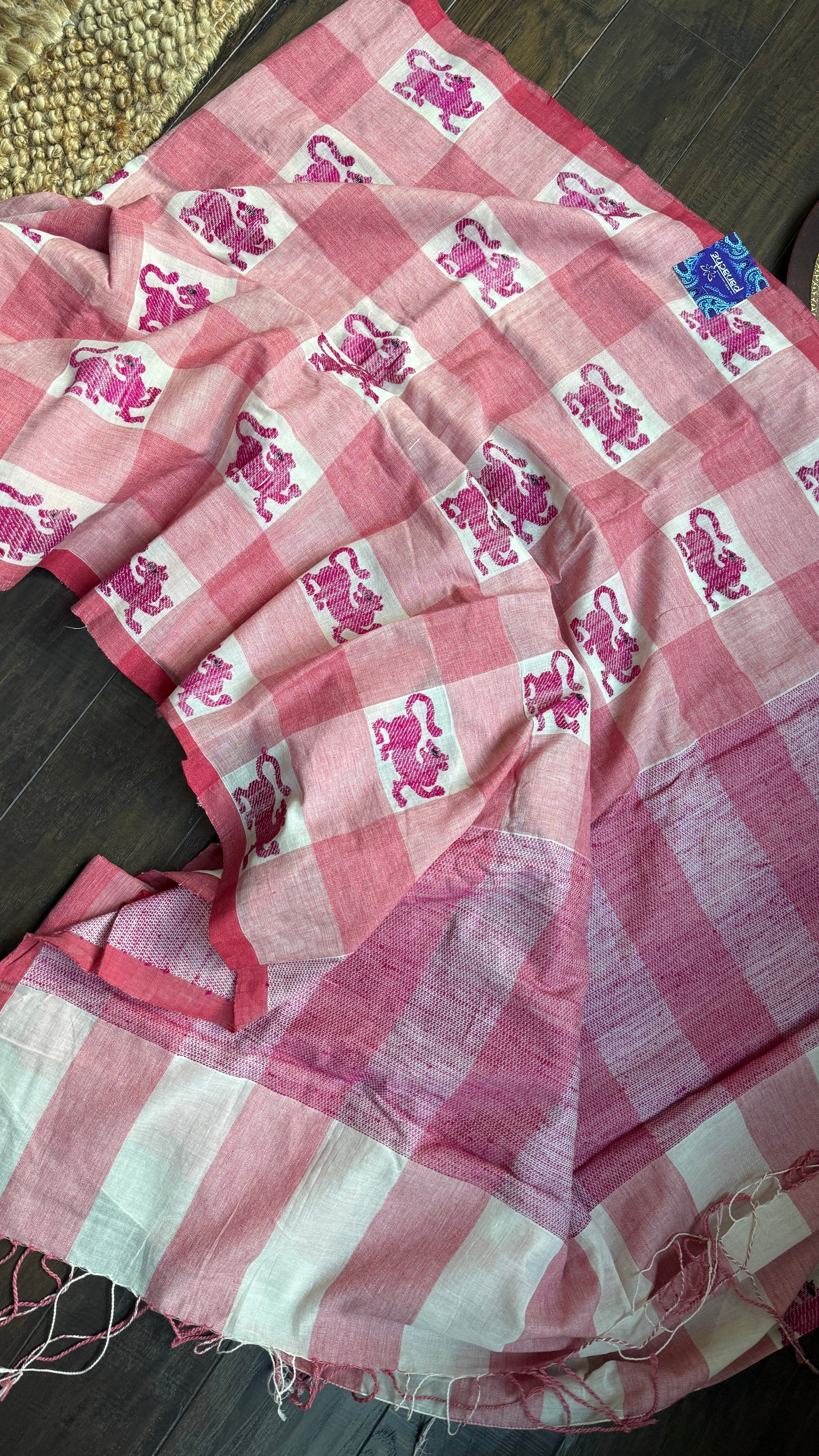 Exclusive Pure Khadi Cotton Checks - Red White Pink Lion Motif Woven