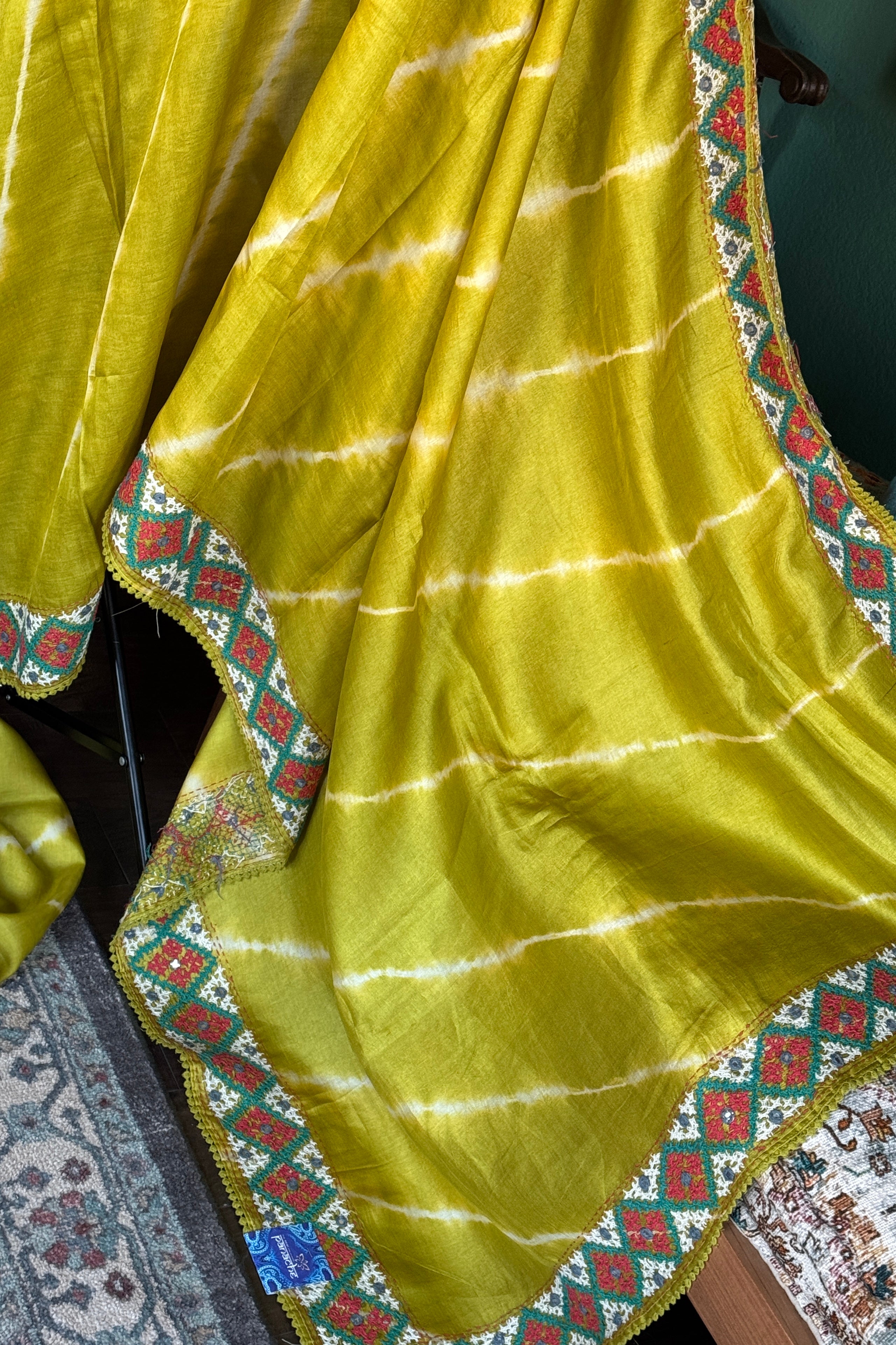 Pure Tussar Silk Gujrati Stitch -  Lime green Shibori Hand Embroidered