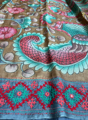 Tussar Silk Pen Kalamkari - Brown Hand Kutch Embroidered