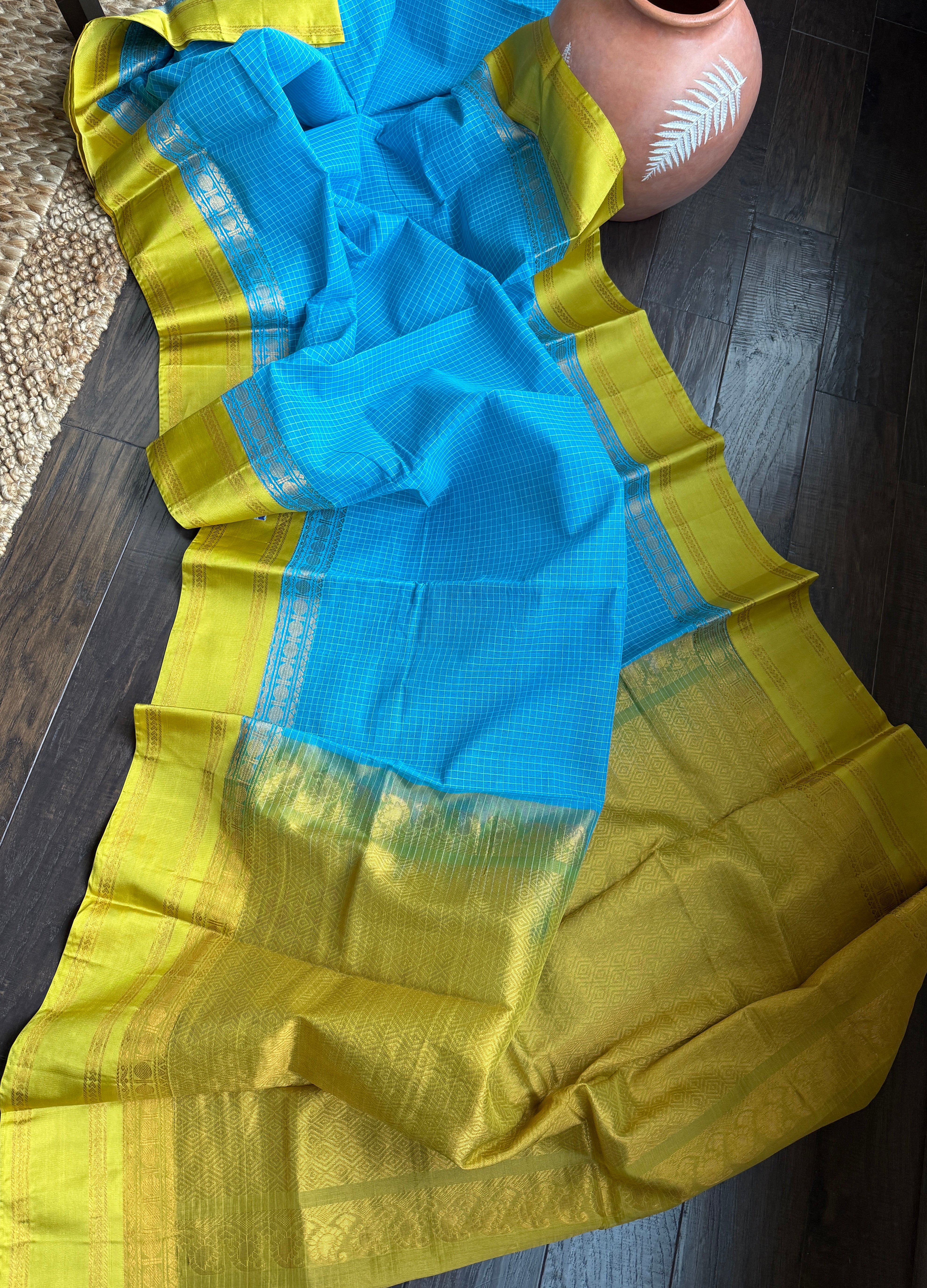 Cotton Gadwal - Firozi Blue Lemon Grass