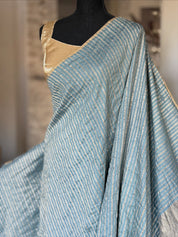 Pure Muga Chiffon Banarasi - Grey Blue Crushed Gold Zari