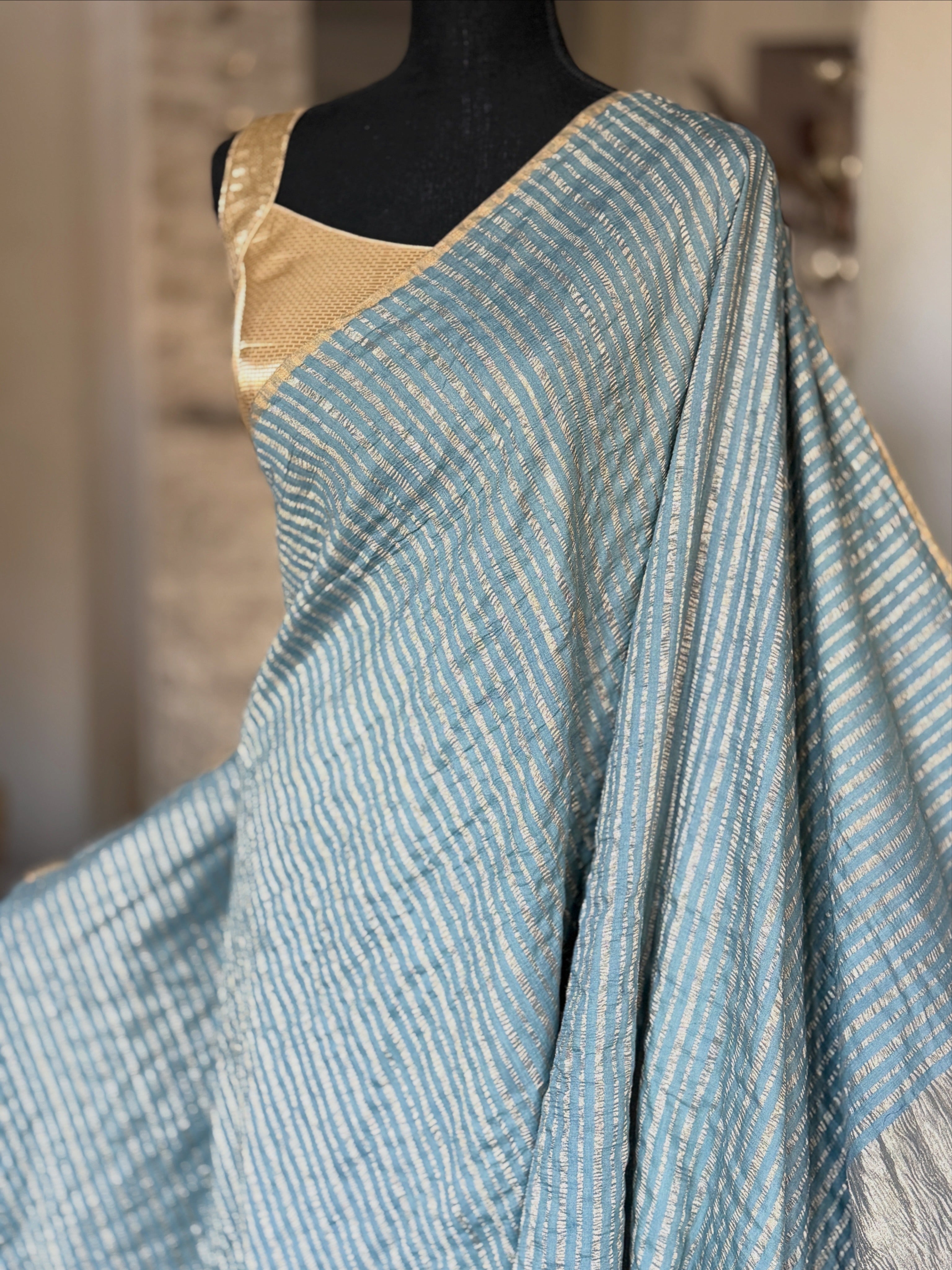 Pure Muga Chiffon Banarasi - Grey Blue Crushed Gold Zari