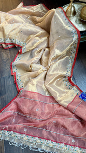 Hand Zardozi Pure Chanderi Tissue Silk - Golden Woven