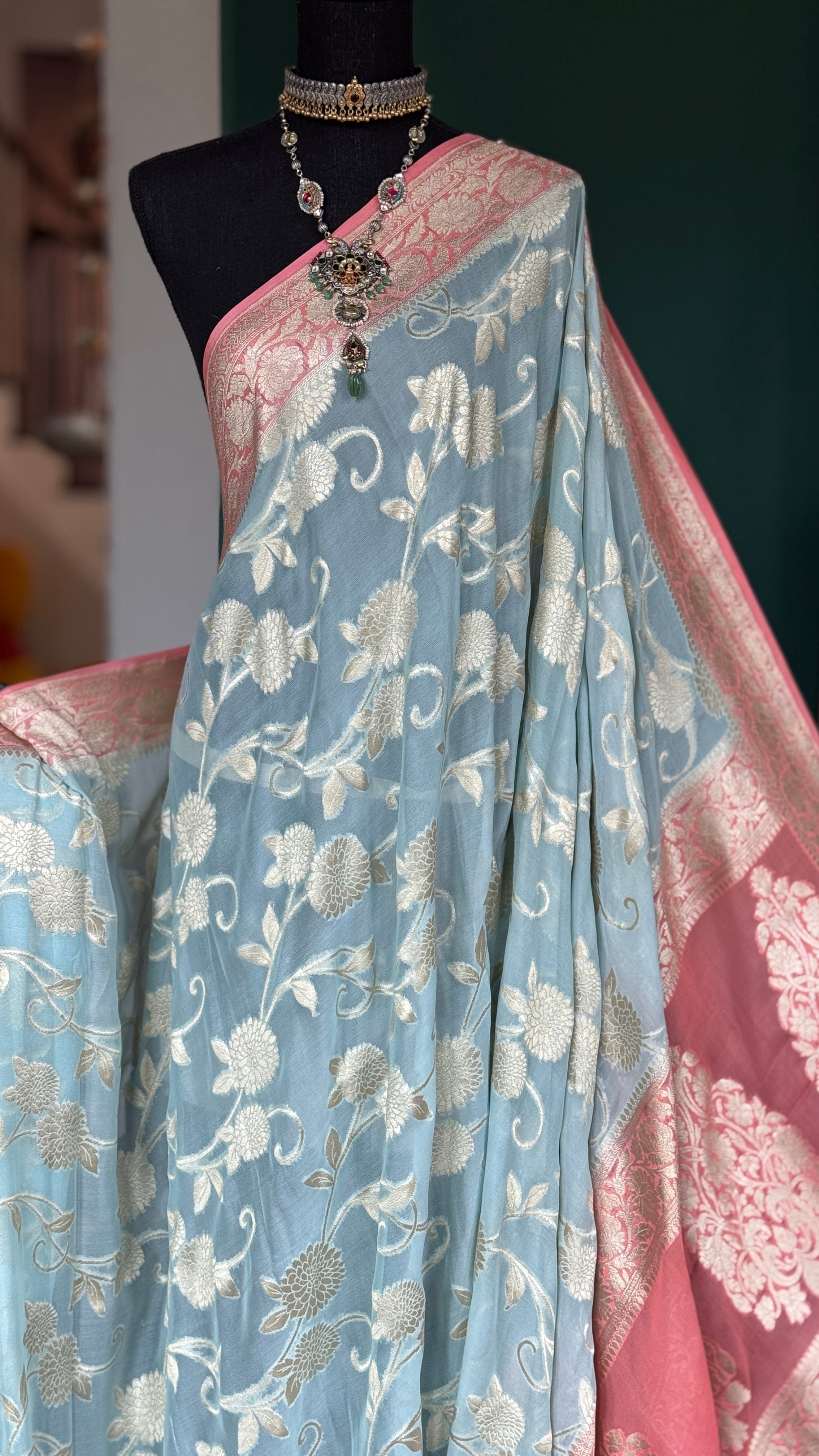 Khaddi Georgette Banarasi - Light Blue Peach