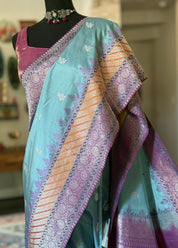 Pure Silk Katan Banarasi- Light Blue Kadhua Antique Silver Zari