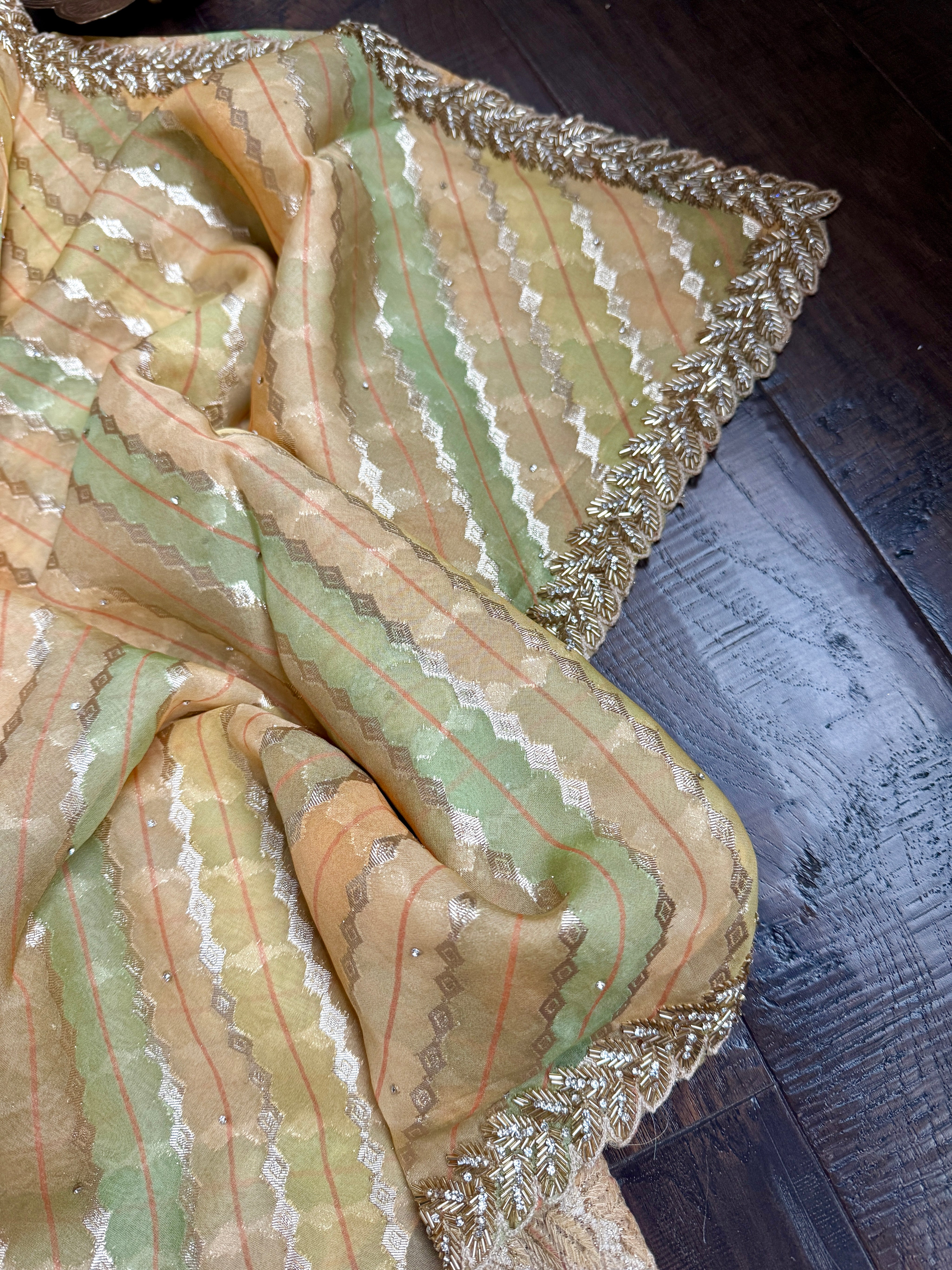 Designer Georgette Organza - Yellow Multi Color Hand Embroidered