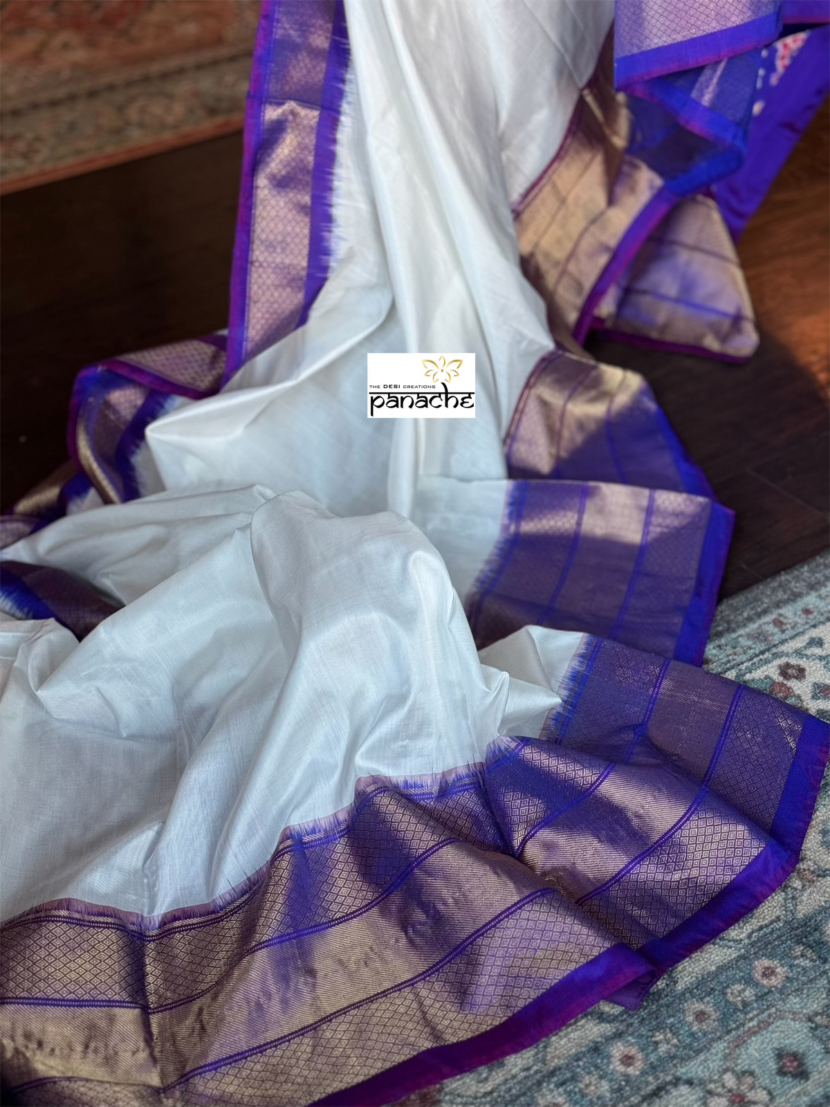 Pure Silk Ikat - White Purple Pochampally