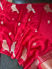 Designer Satin Silk - Red Bird Woven