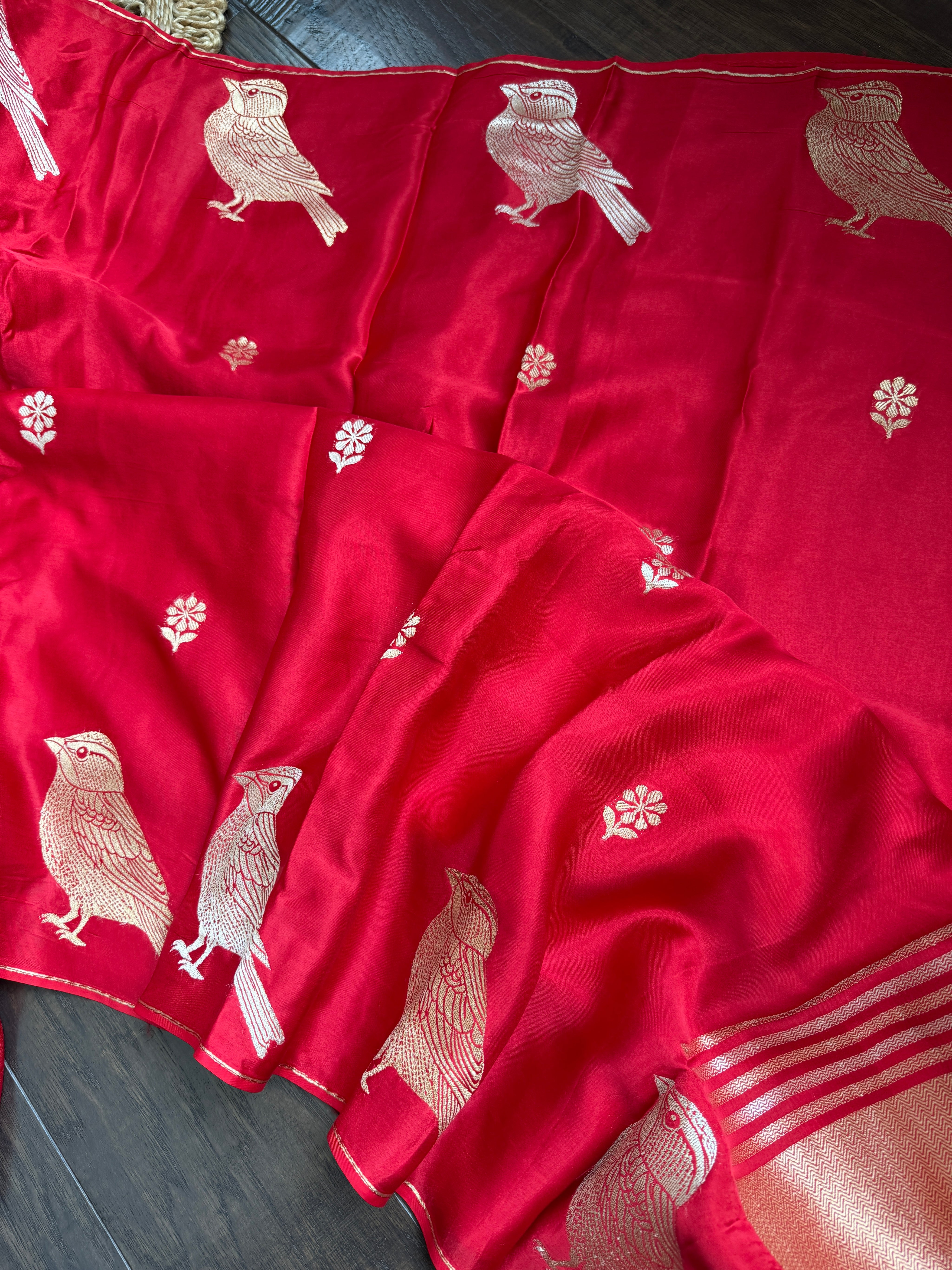 Designer Satin Silk - Red Bird Woven