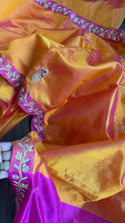 Hand Zardozi Pure Chanderi Pattu Silk - Orange Pink Woven