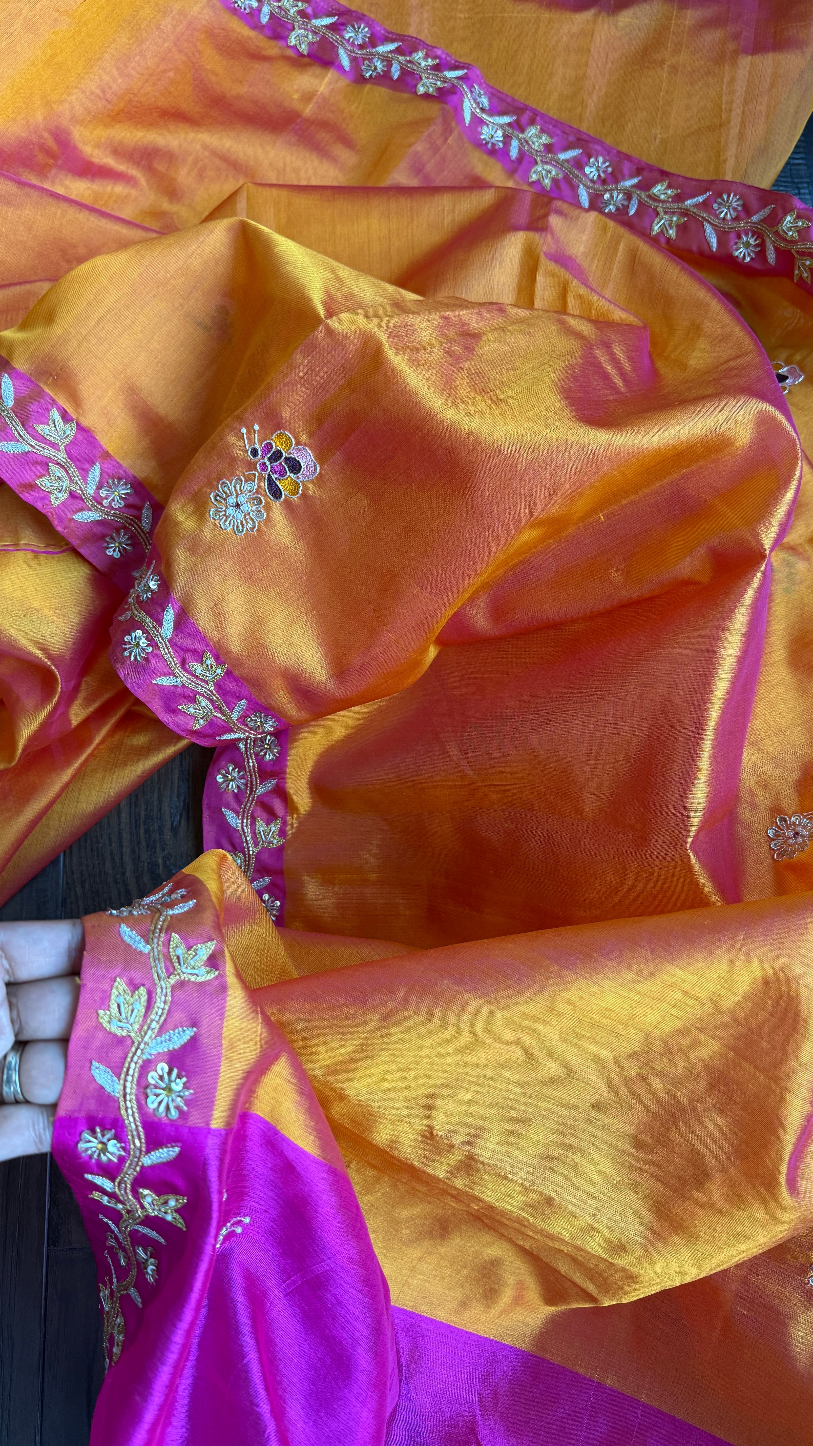 Hand Zardozi Pure Chanderi Pattu Silk - Orange Pink Woven