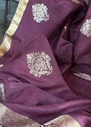 Tussar Tissue Silk Banarasi - Plum Brown Khadhua Antique Zari