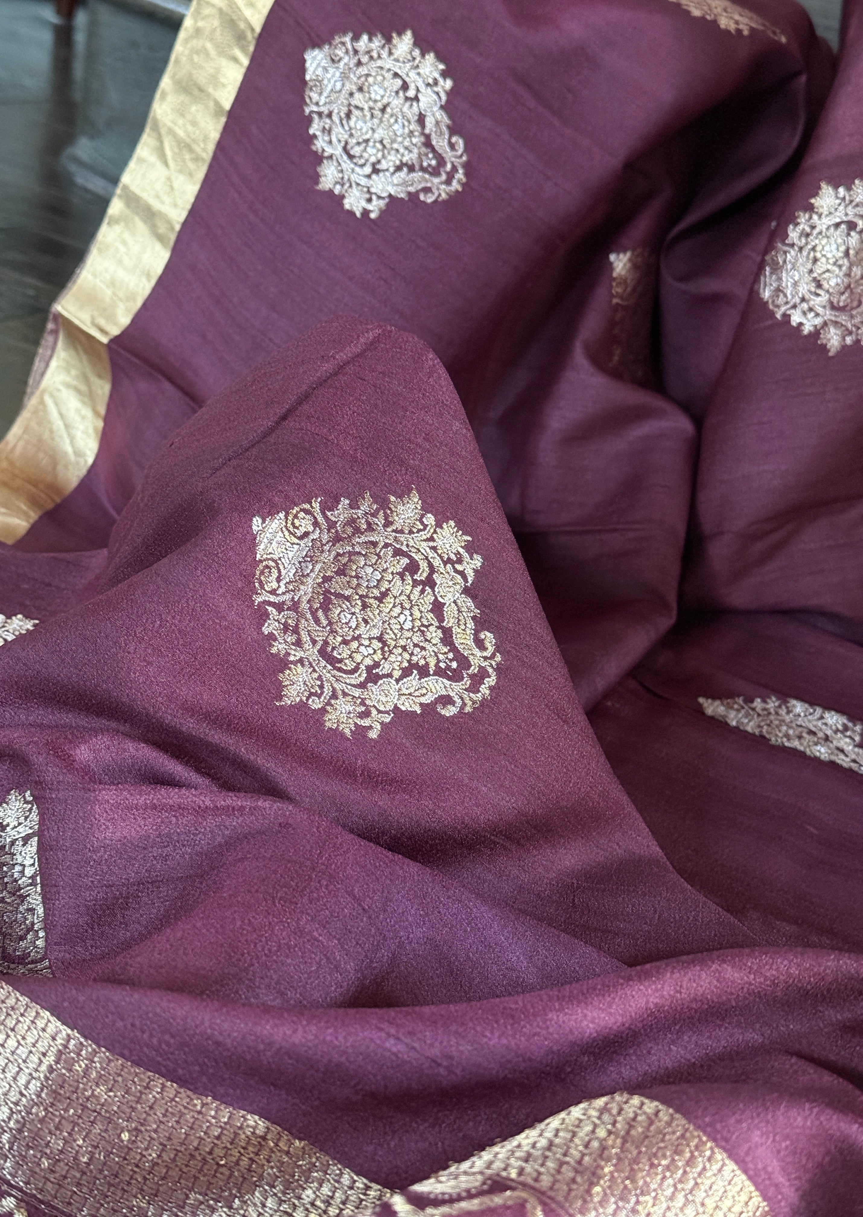 Tussar Tissue Silk Banarasi - Plum Brown Khadhua Antique Zari