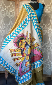 Pure Tussar Silk Sujni Kantha Stitch -  Moss Brown Ma Durga