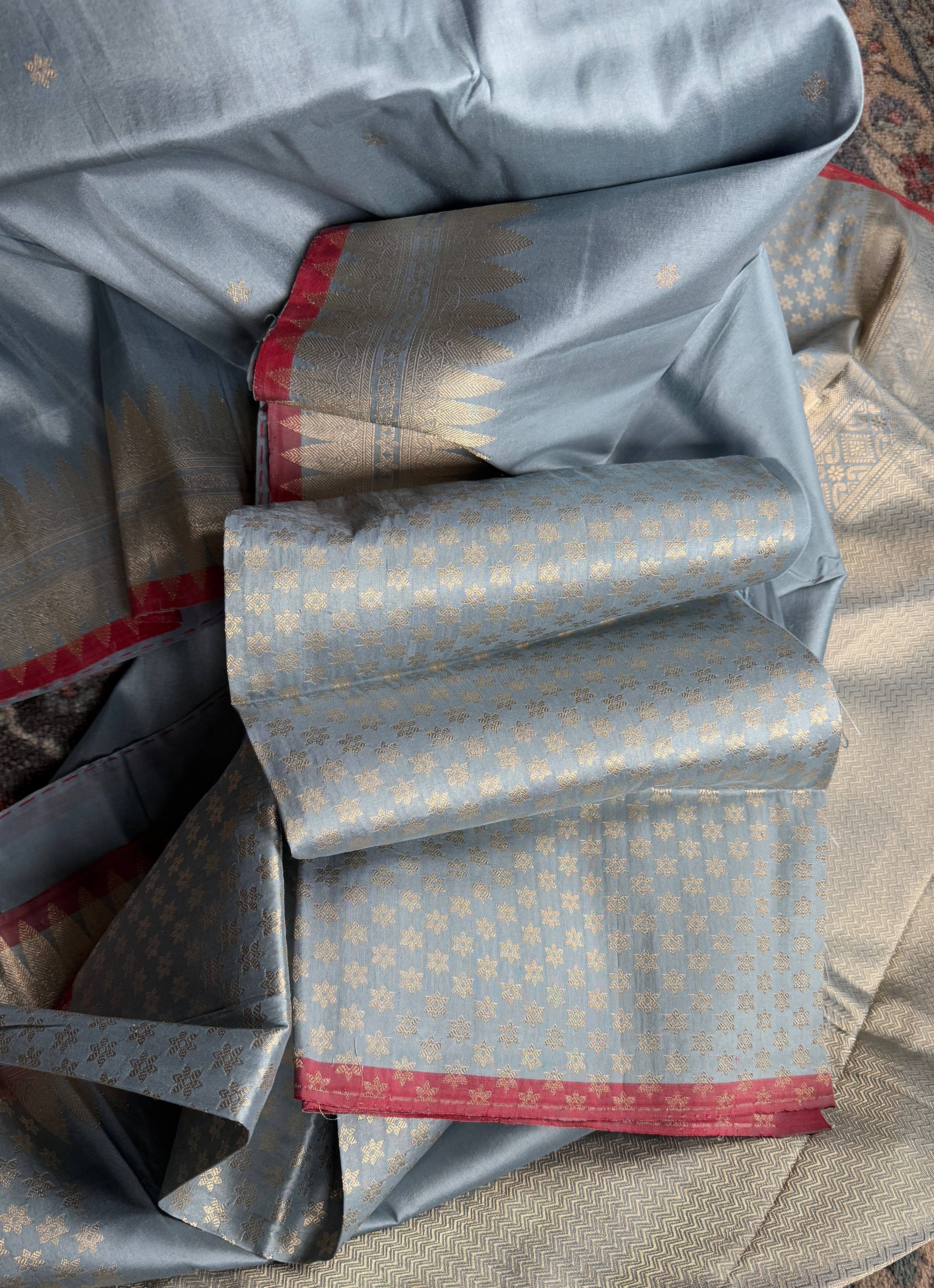 Katan Silk Banarasi - Soft Blue Grey Red Kadhua