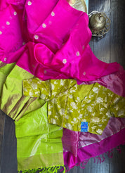 Pure Chanderi Pattu Silk mushru - Pink Lime Green