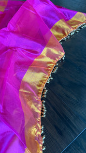 Pure Chanderi Pattu Silk - Sunrise Orange Pink