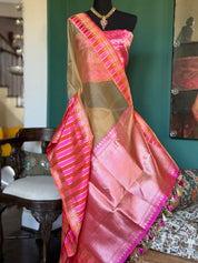 Organza Katan Silk Banarasi -  Tan Pink Orange Checkered