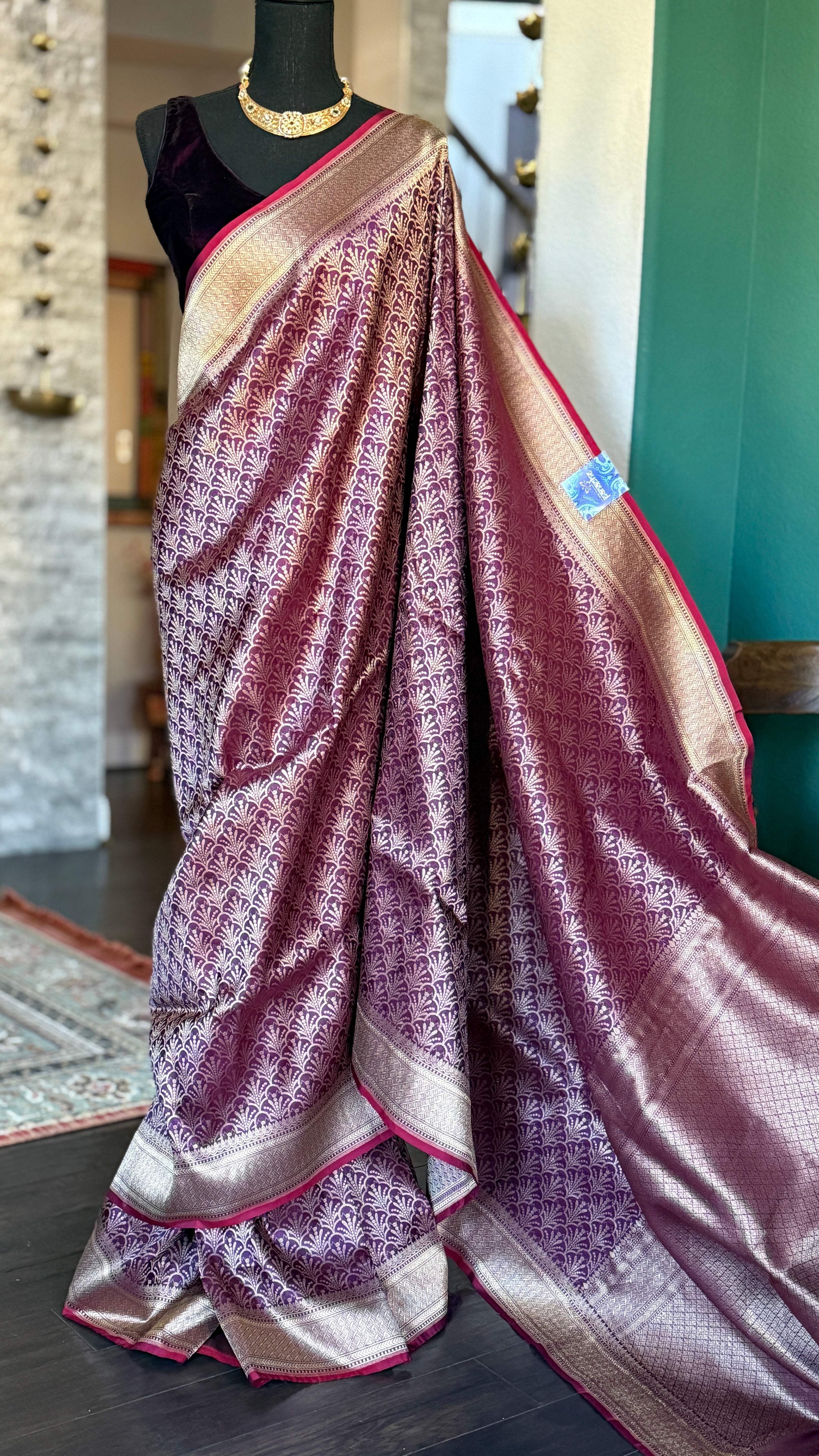 Pure Silk Brocade Banarasi- Plum Golden Zari