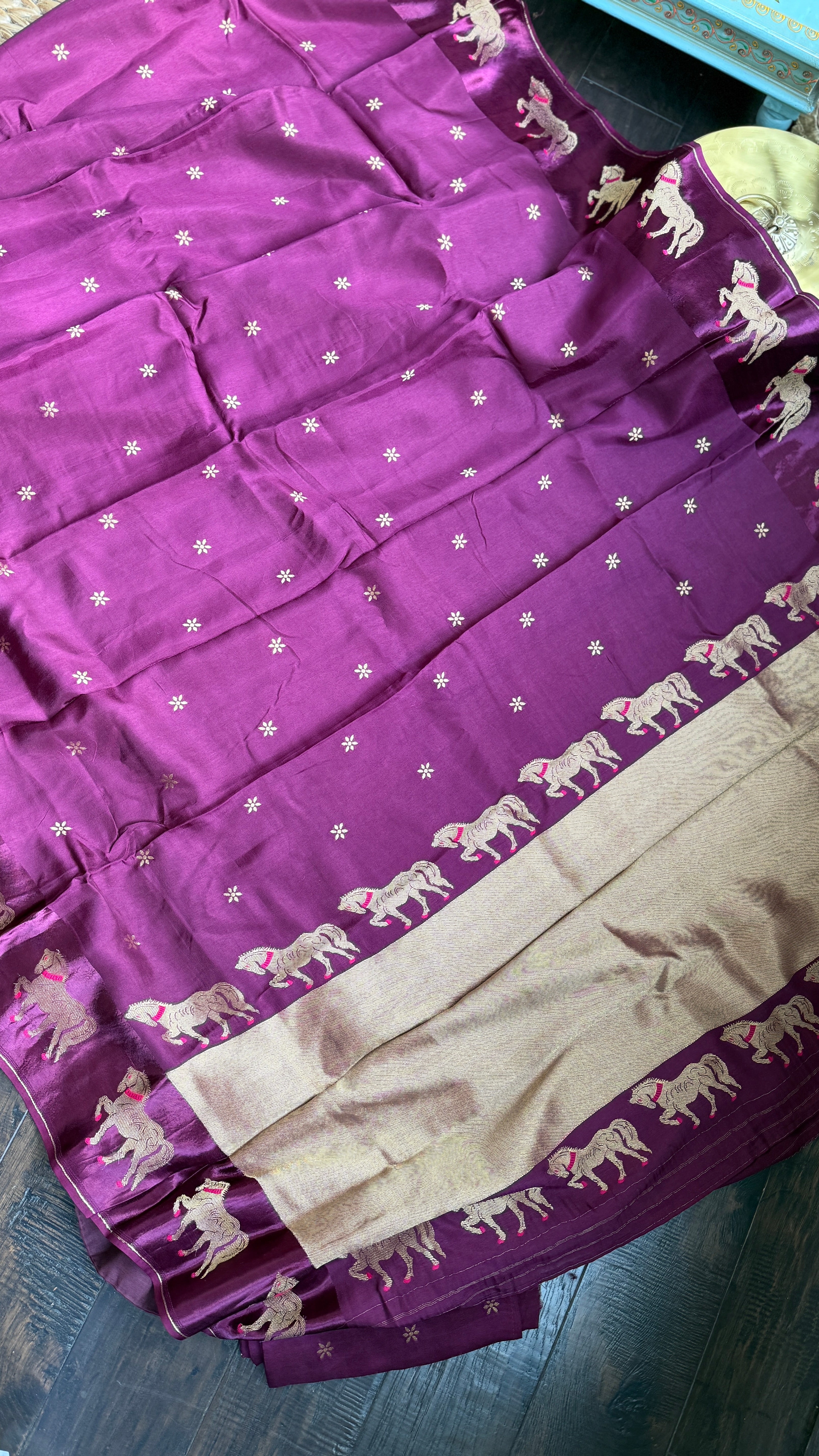 Designer Satin Silk - Purple Horse Woven