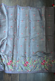 Designer Tussar Silk - Grey Mauve Embroidered