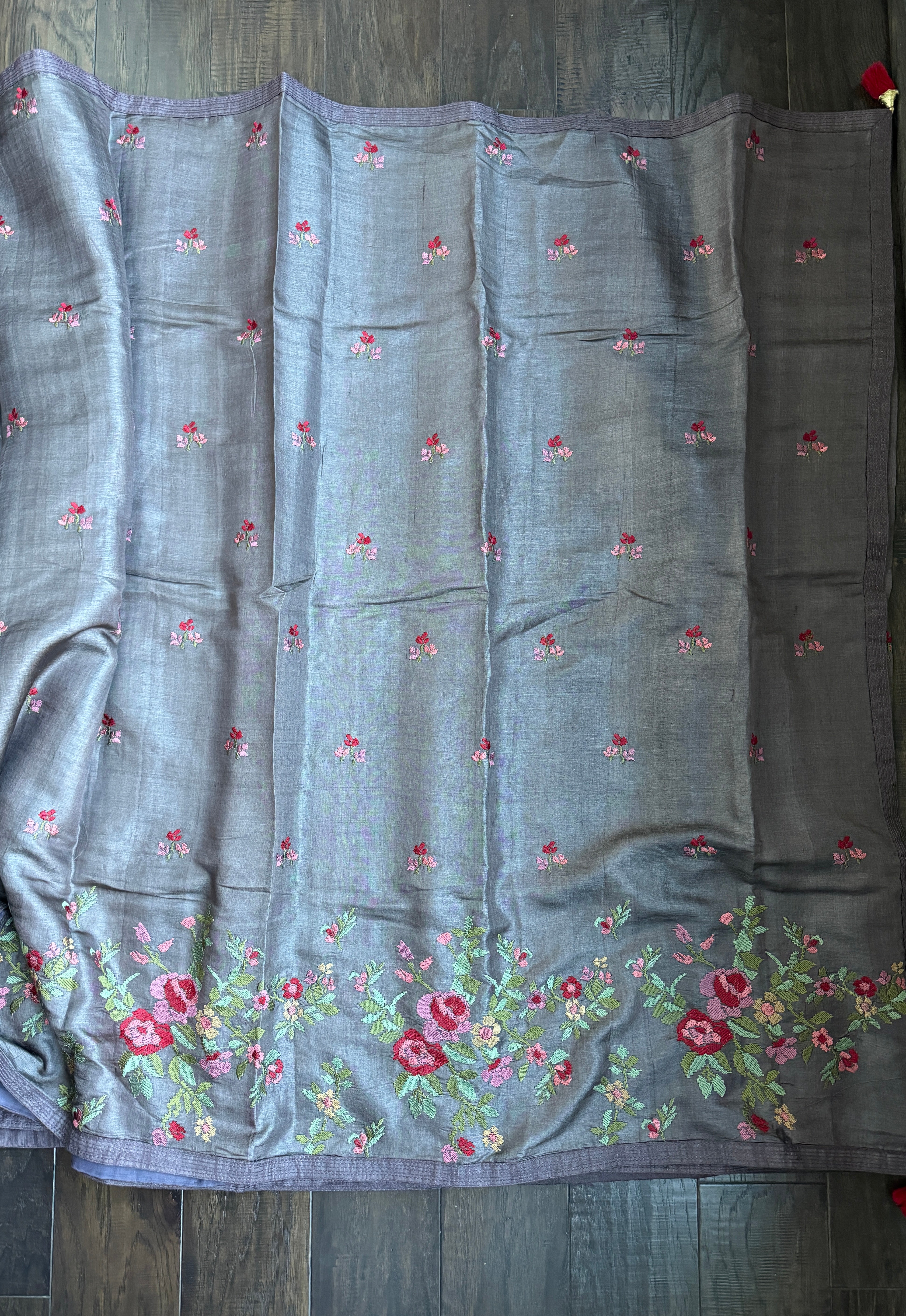 Designer Tussar Silk - Grey Mauve Embroidered