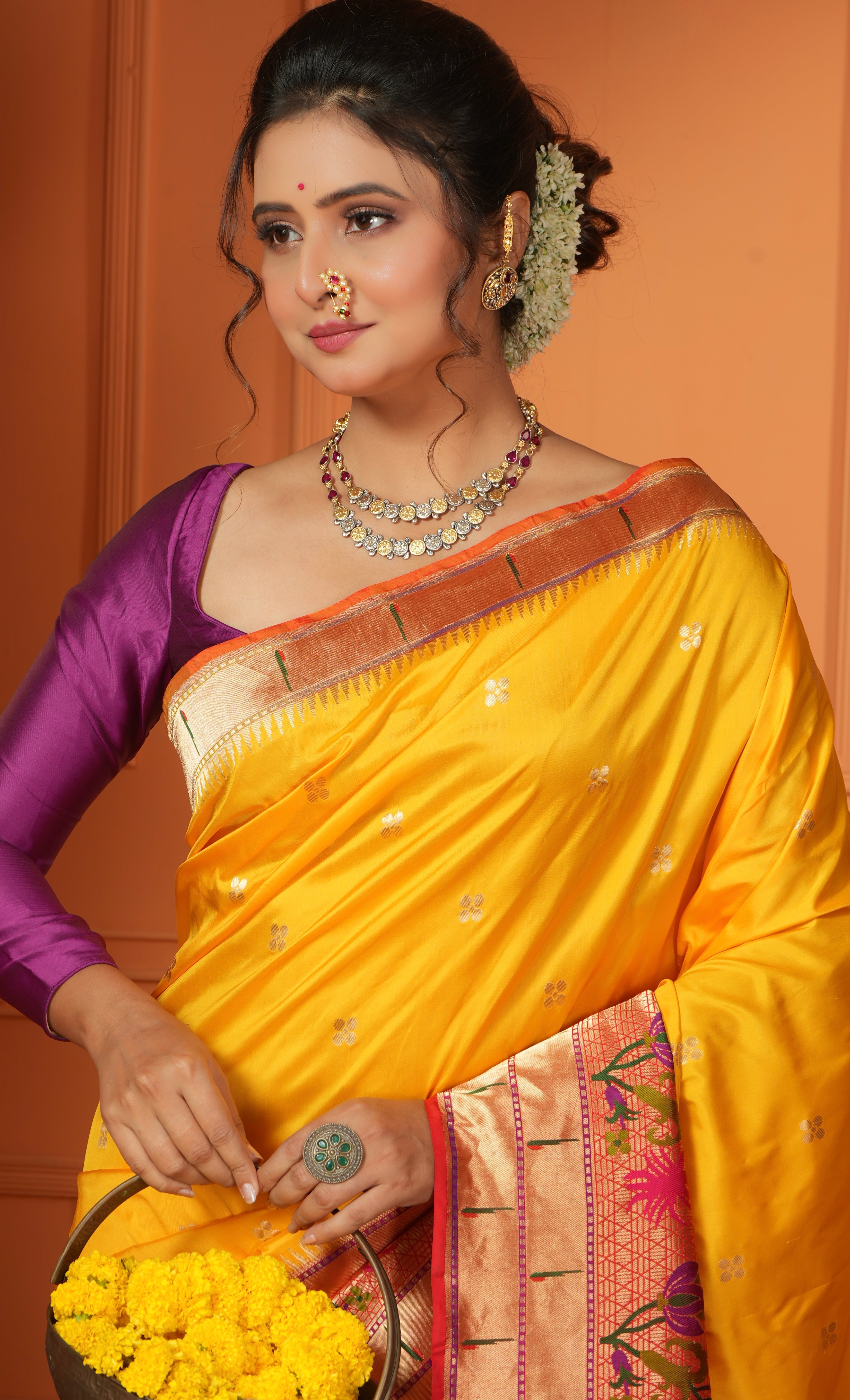Pure Silk Paithani Banarasi- Yellow Red